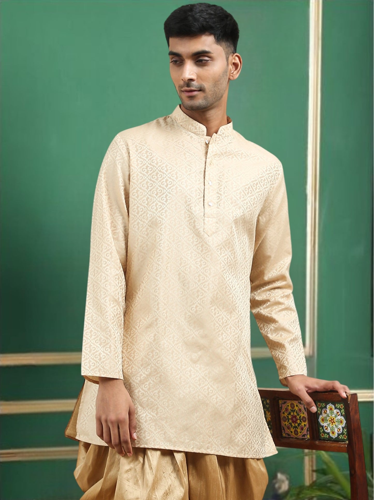 Tattva Gold Toned jaquard Polyster Short Kurta