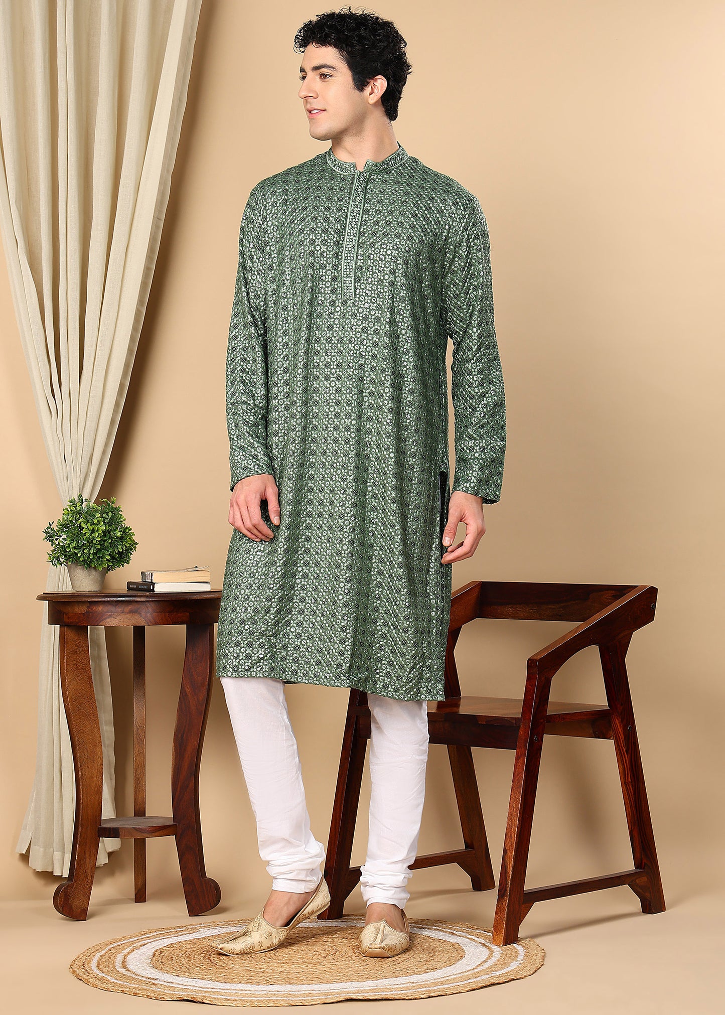 Tattva Embroidered Thread Work Mandarin Collar Straight Kurta