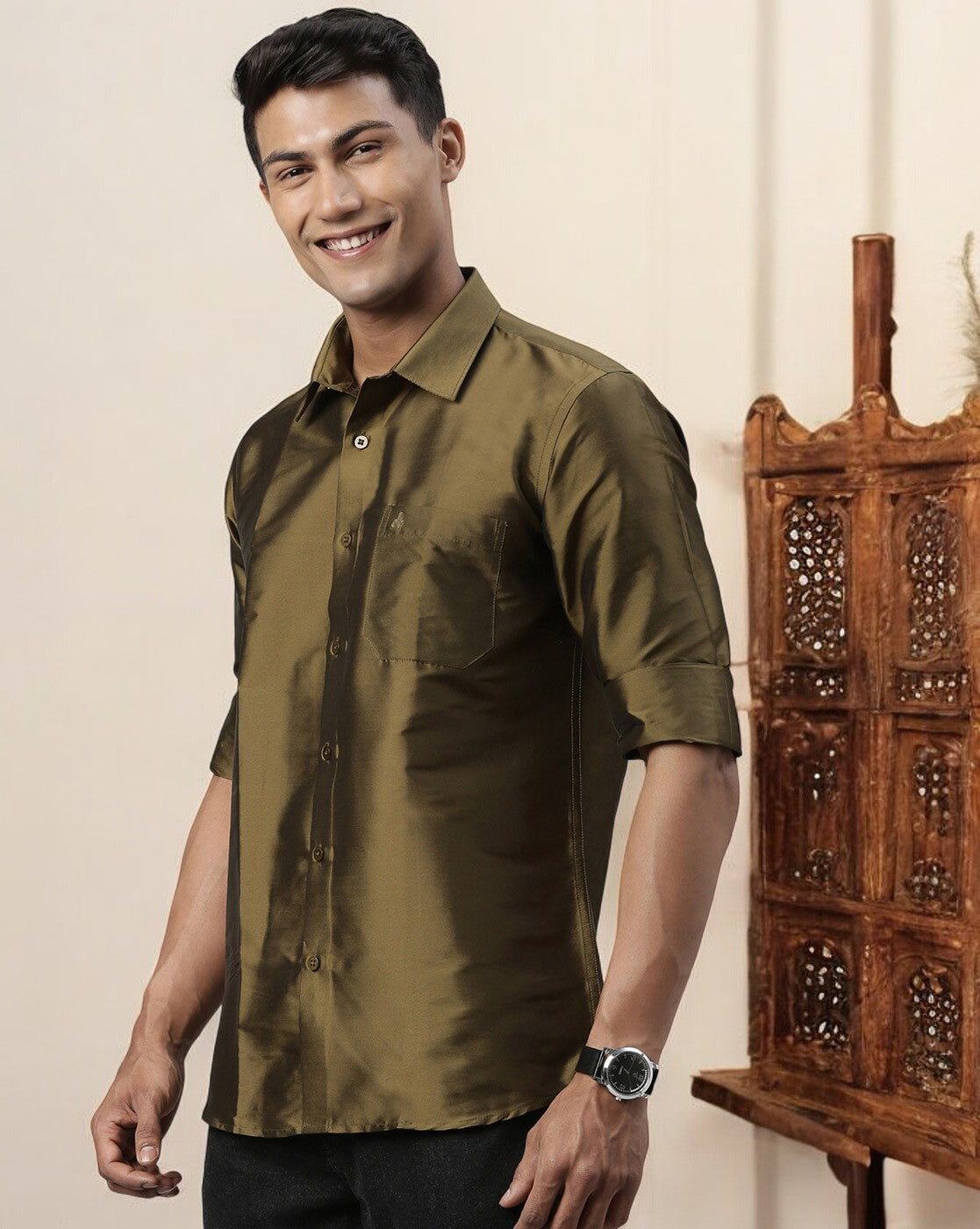 Olive Polyester Slim Fit Solid Shirt