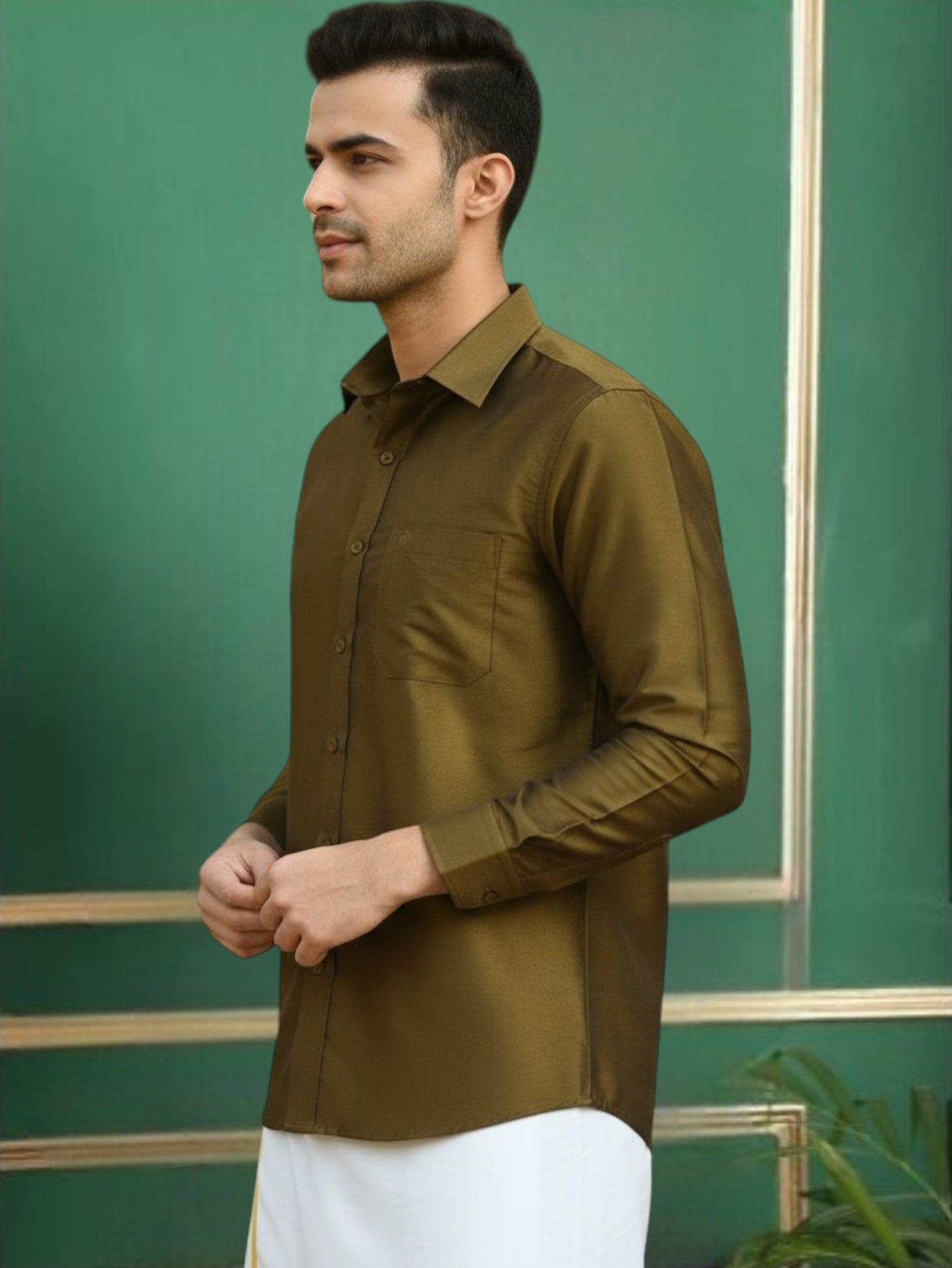 Olive Polyester Slim Fit Solid Shirt