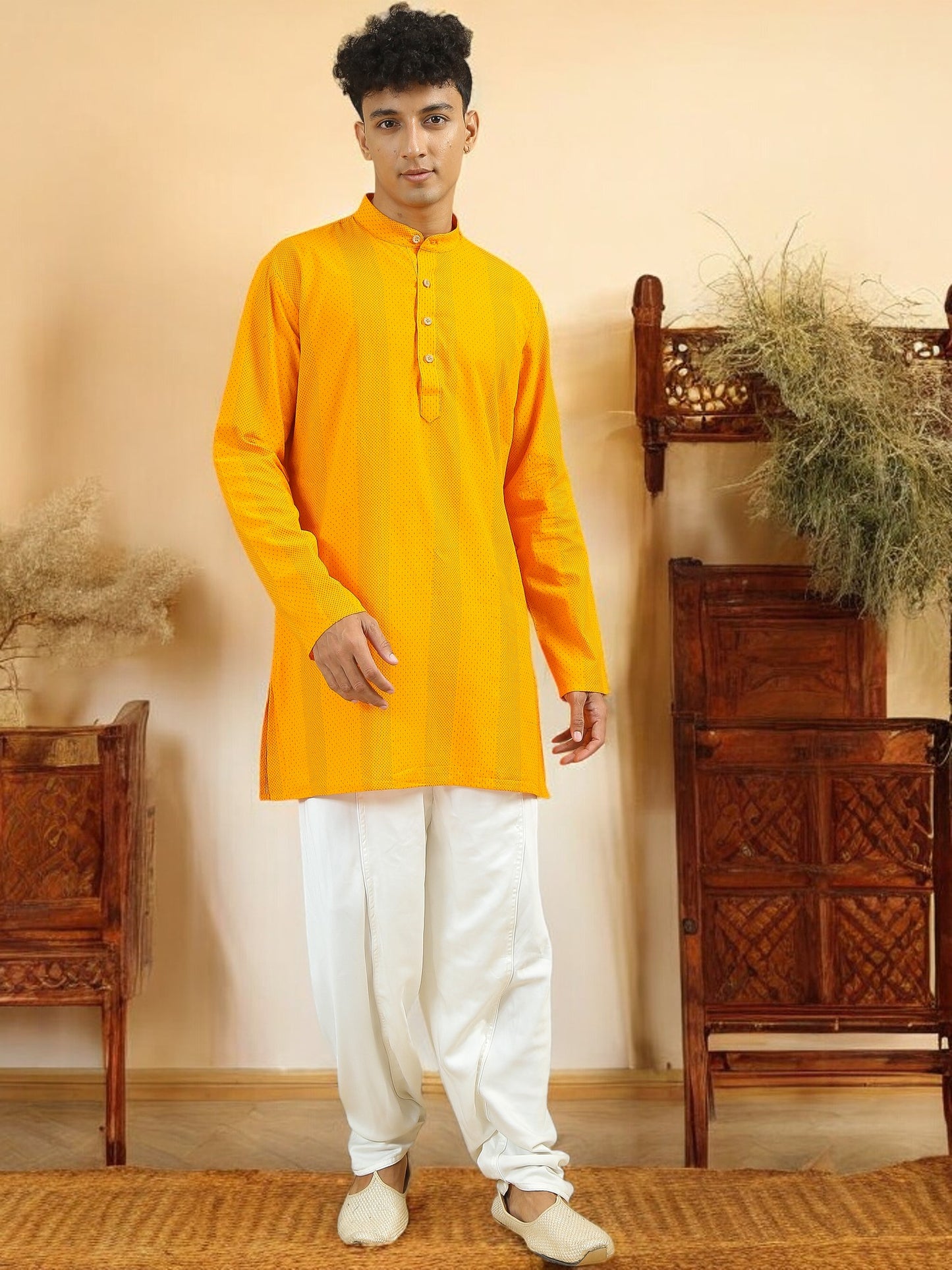 Tattva Yellow Geometric Printed Short Kurta