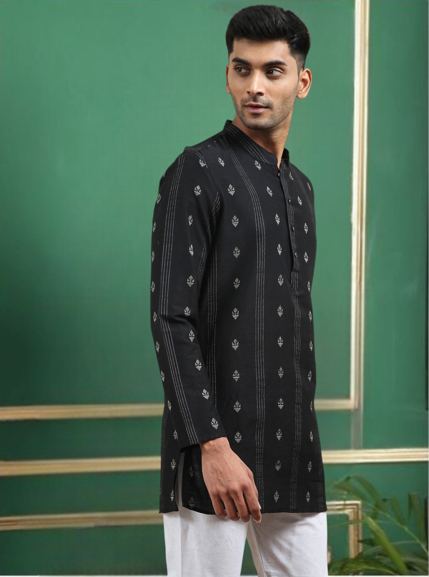 Tattva Black Toned Woven Design Cotton Short Kurta