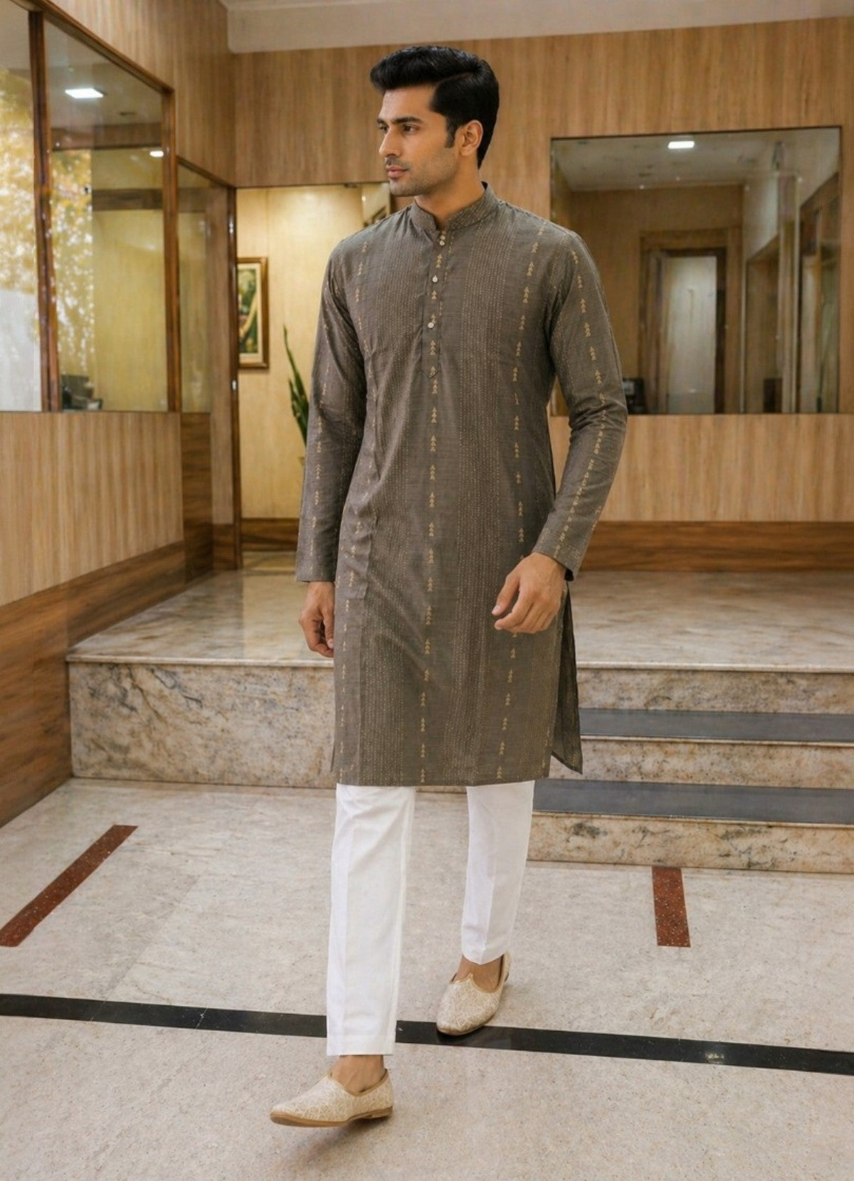 Tattva Men Coffee Brown Embroidered Cotton Silk Kurta with Pyjamas