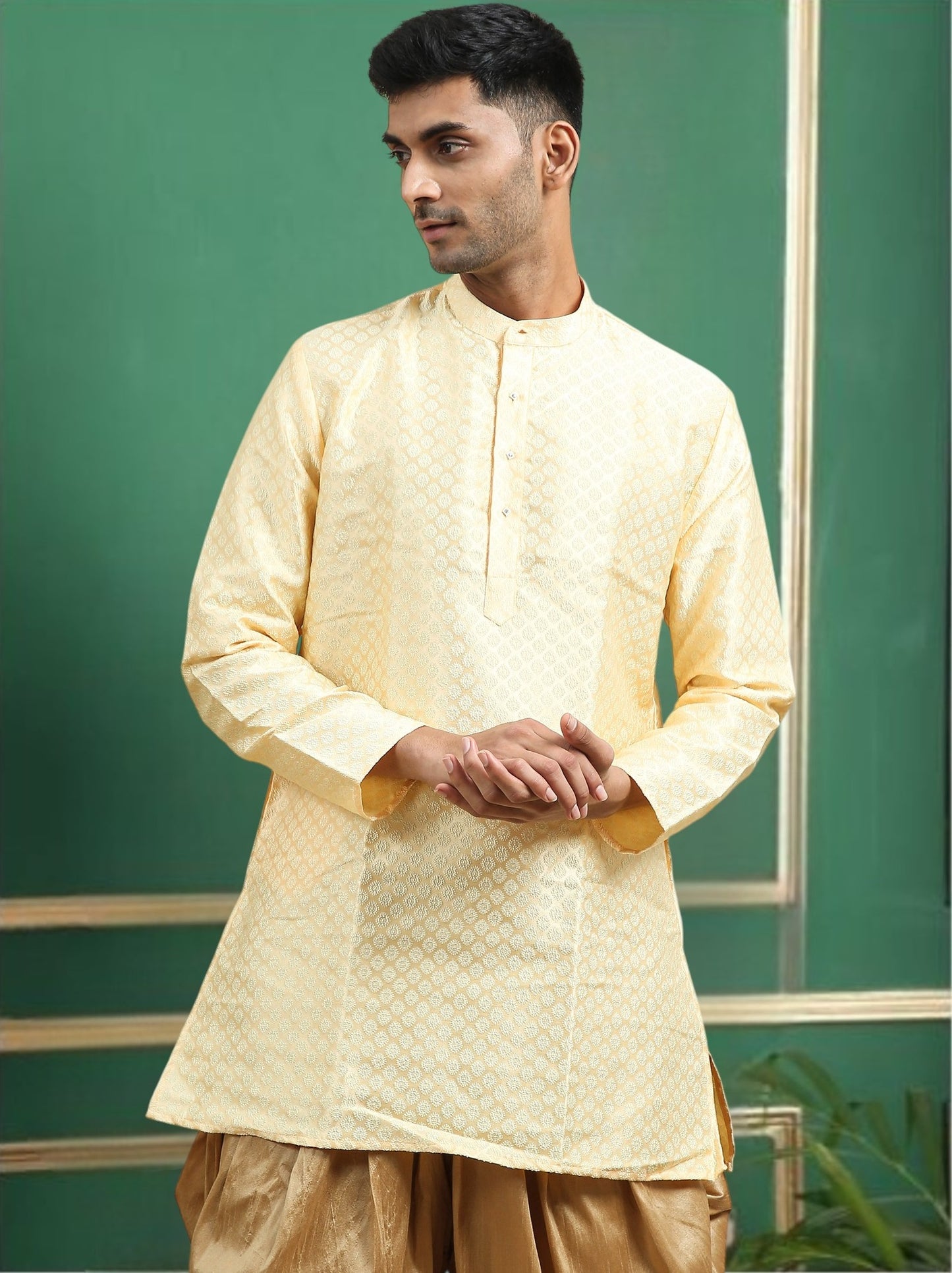 Tattva Beige Toned Woven Design Polyster Short Kurta