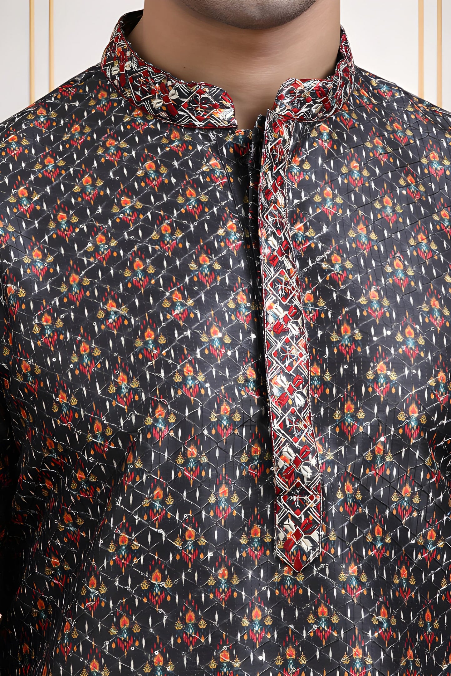 Tattva Men Black Printed Kurta Set with Embroidered Placket & Mandarin Collar