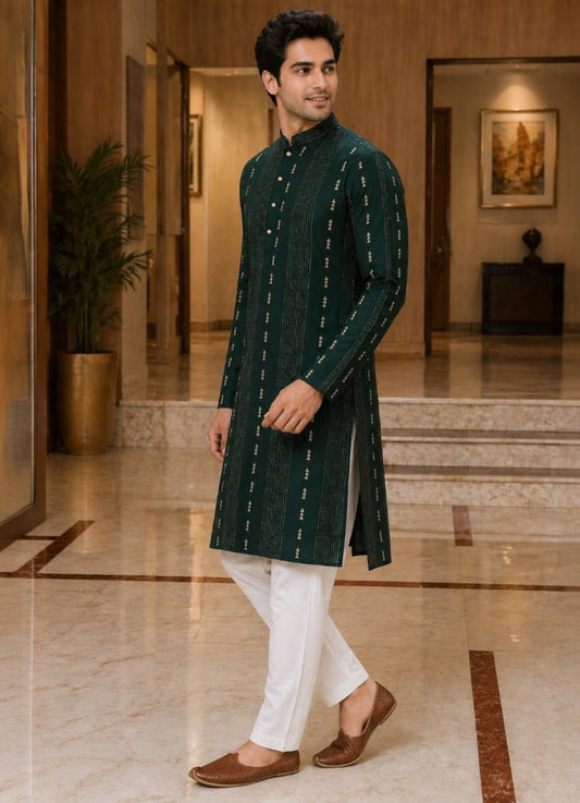 Tattva Men Dark Green Embroidered Cotton Silk Kurta with Pyjamas