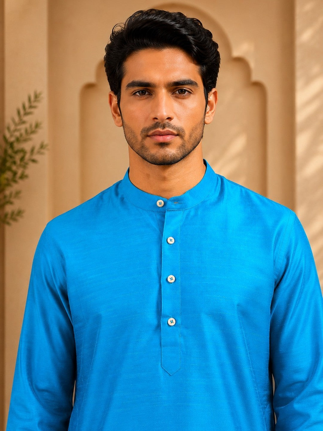 Tattva Men Solid Pure Cotton Short Kurta with Mandarin Collar