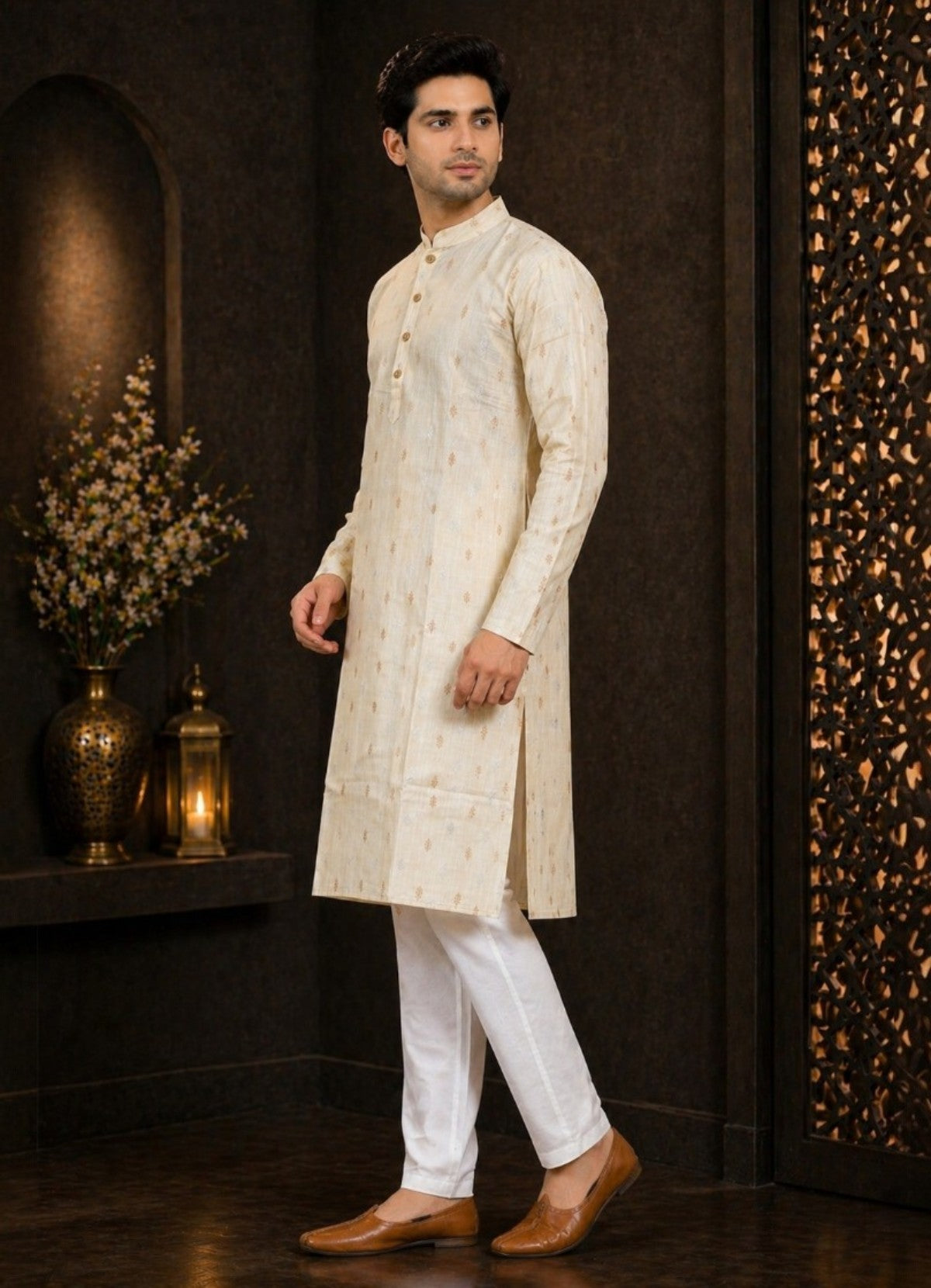 Tattva Men Cream Embroidered Pure Cotton Kurta with Pyjamas