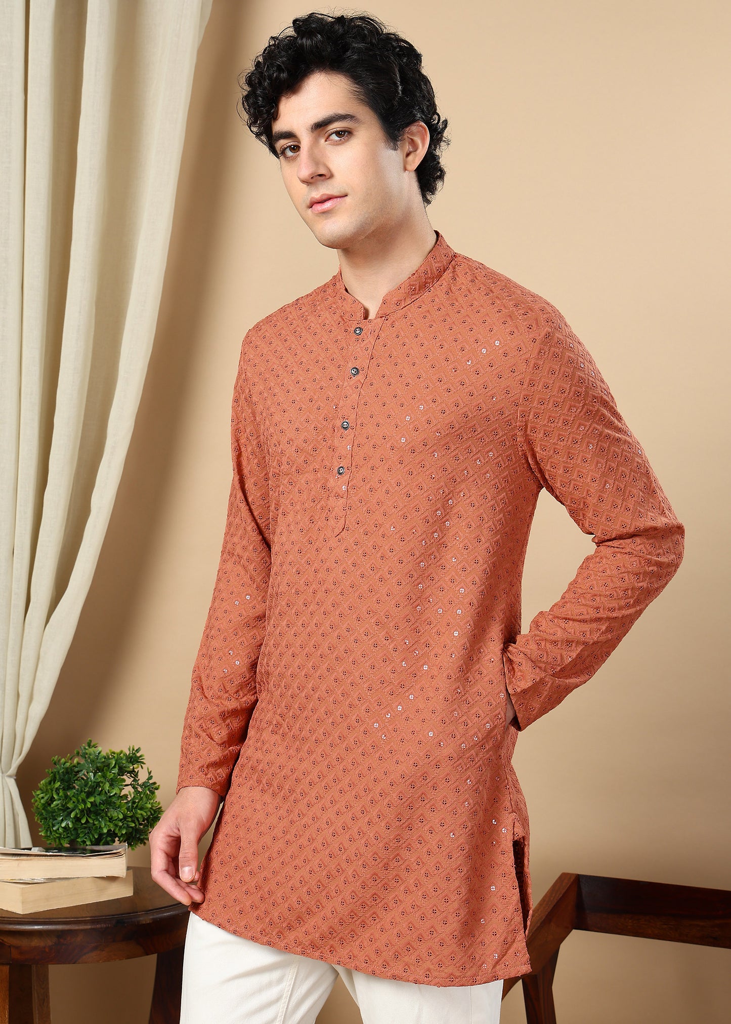 Tattva Rust Toned Embroidered Short Kurta