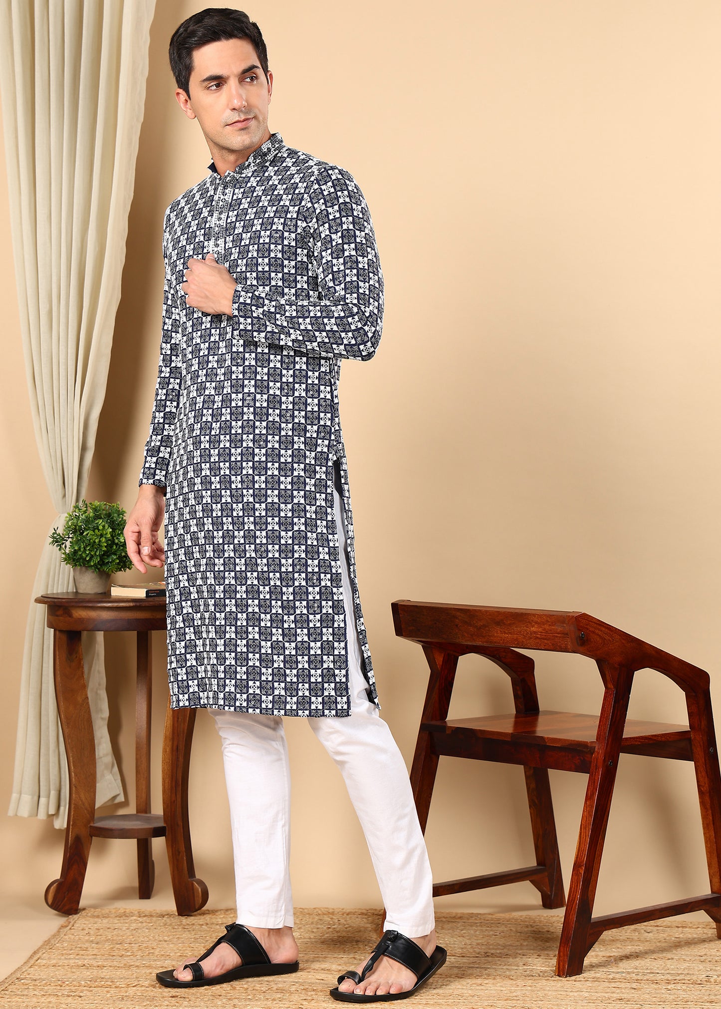 Tattva Men Woven Design Polyester Straight Kurta Set