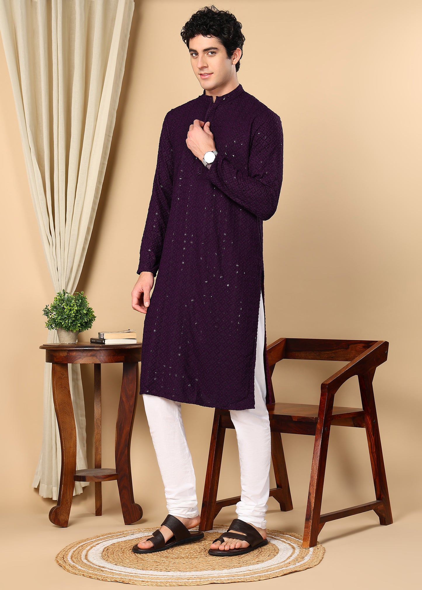 Tattva Floral Embroidered Sequined Mandarin Collar Straight Kurta