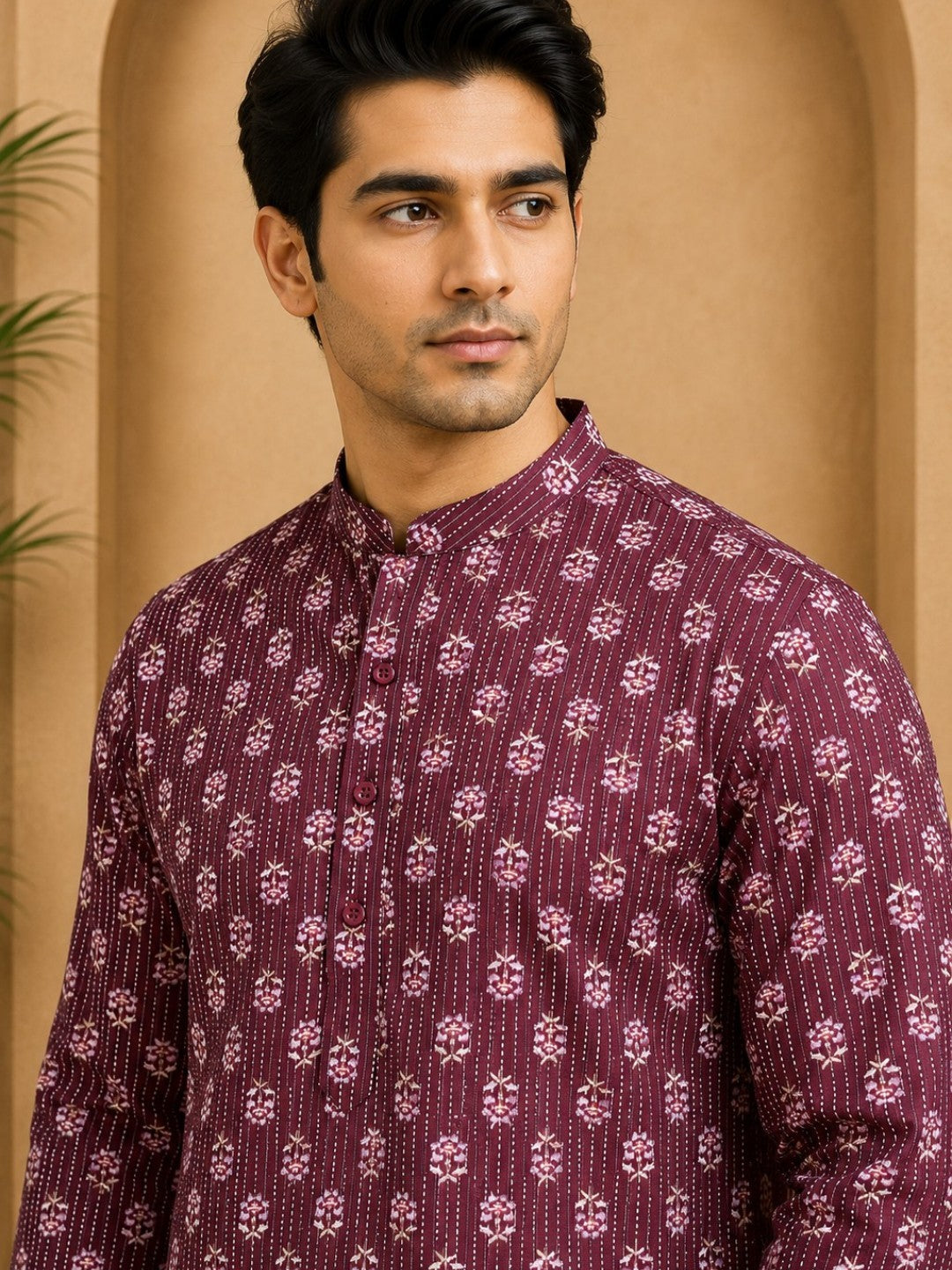 Tattva Men Floral Printed Woven Thread Super Short Kurta