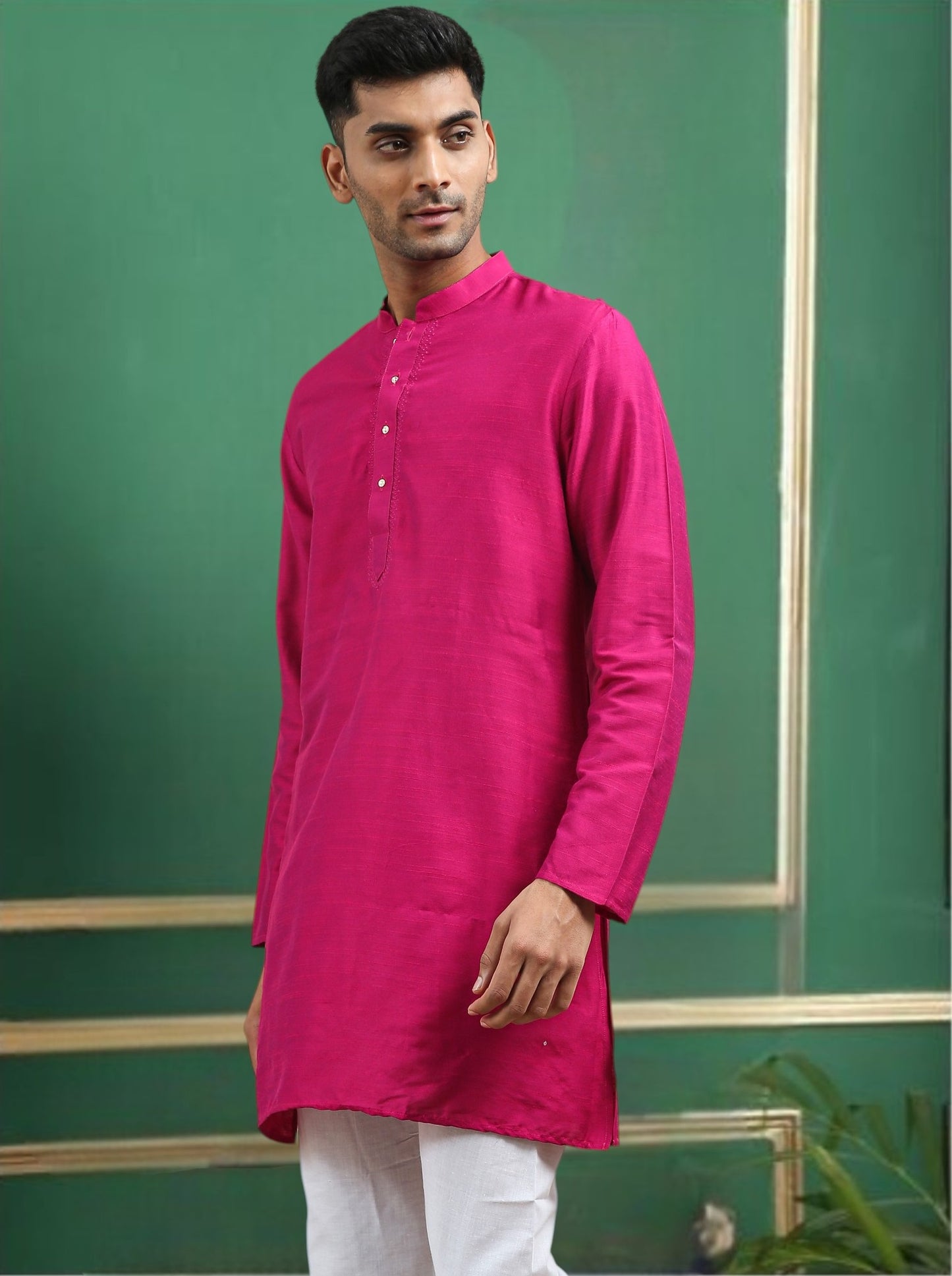 Tattva Fuchsia Toned Embroidered Cotton Short Kurta