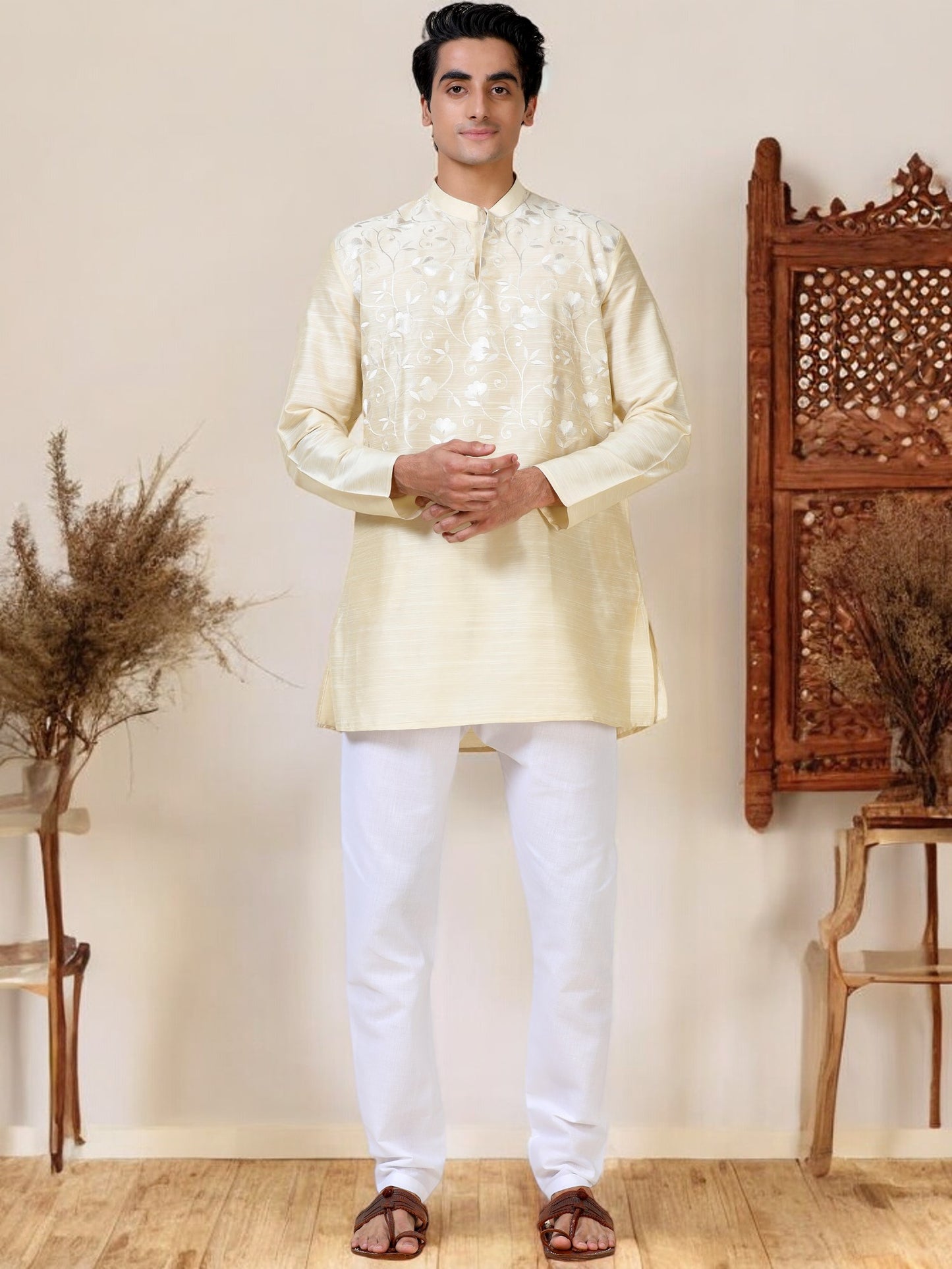 Tattva Men Embroidered Cotton Blend Asymmetric Kurta