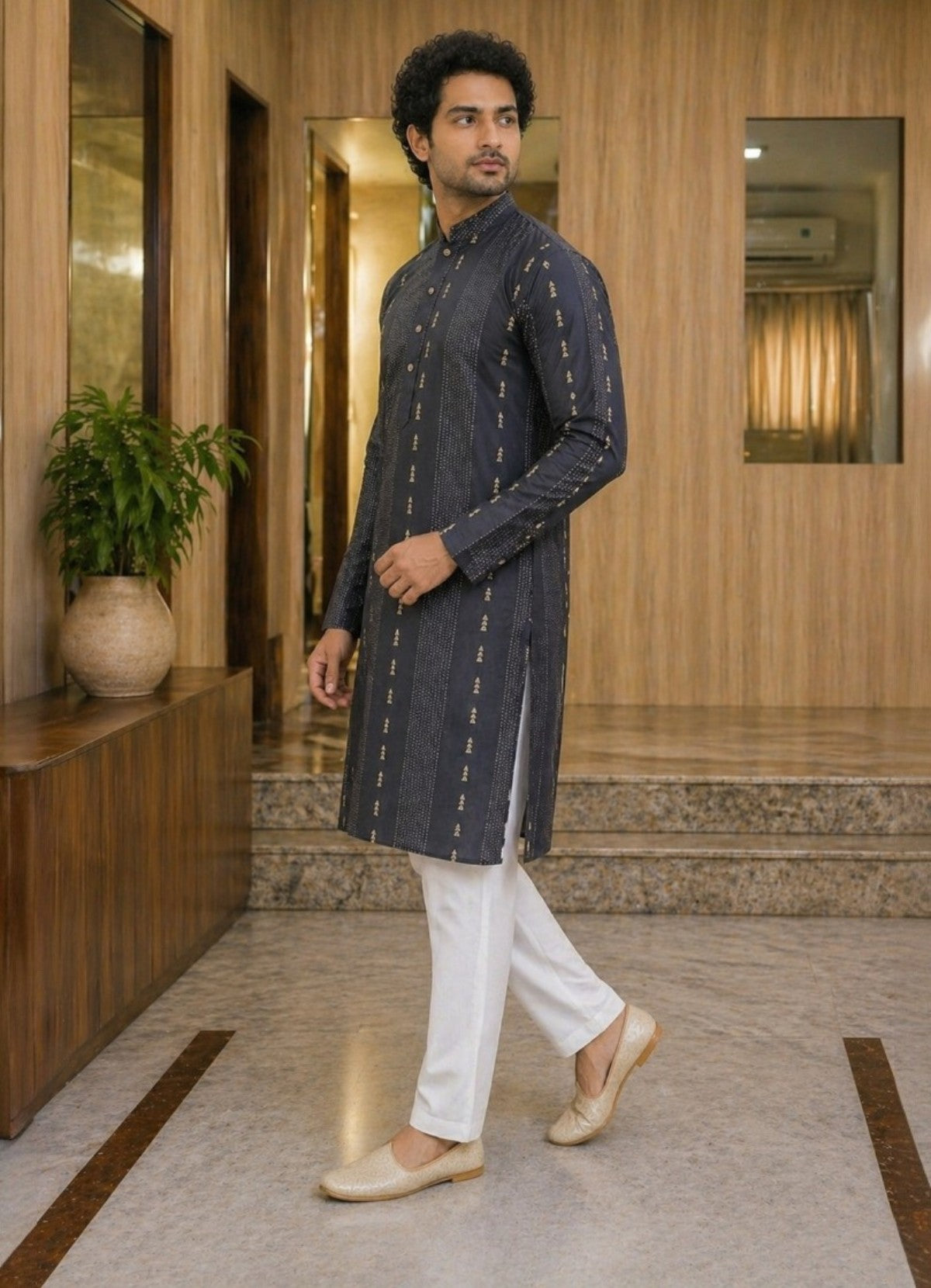 Tattva Men Navy Blue Embroidered Cotton Silk Kurta with Pyjamas