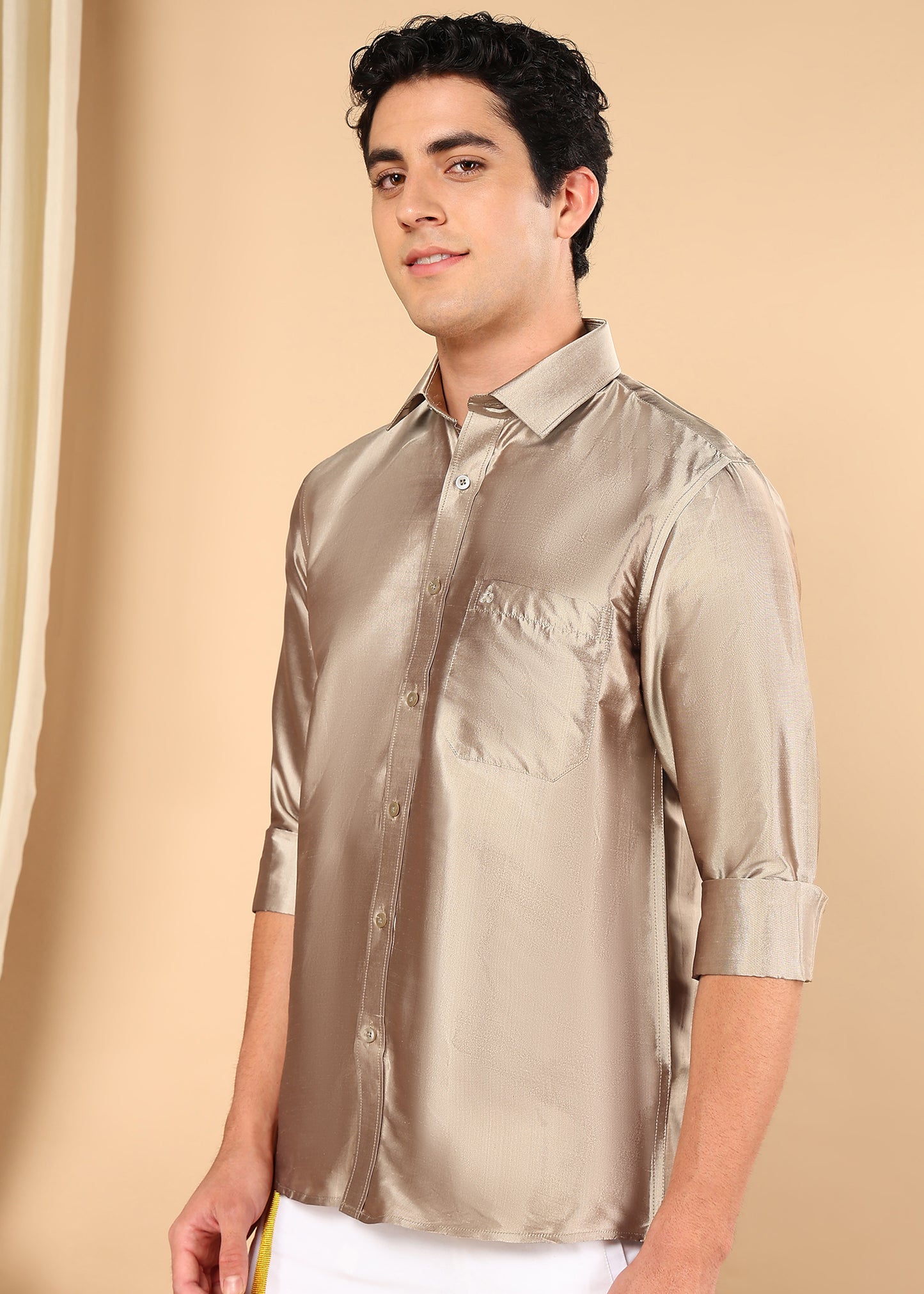 Tattva Men Warm Grey Pure Silk Solid Opaque Shirt