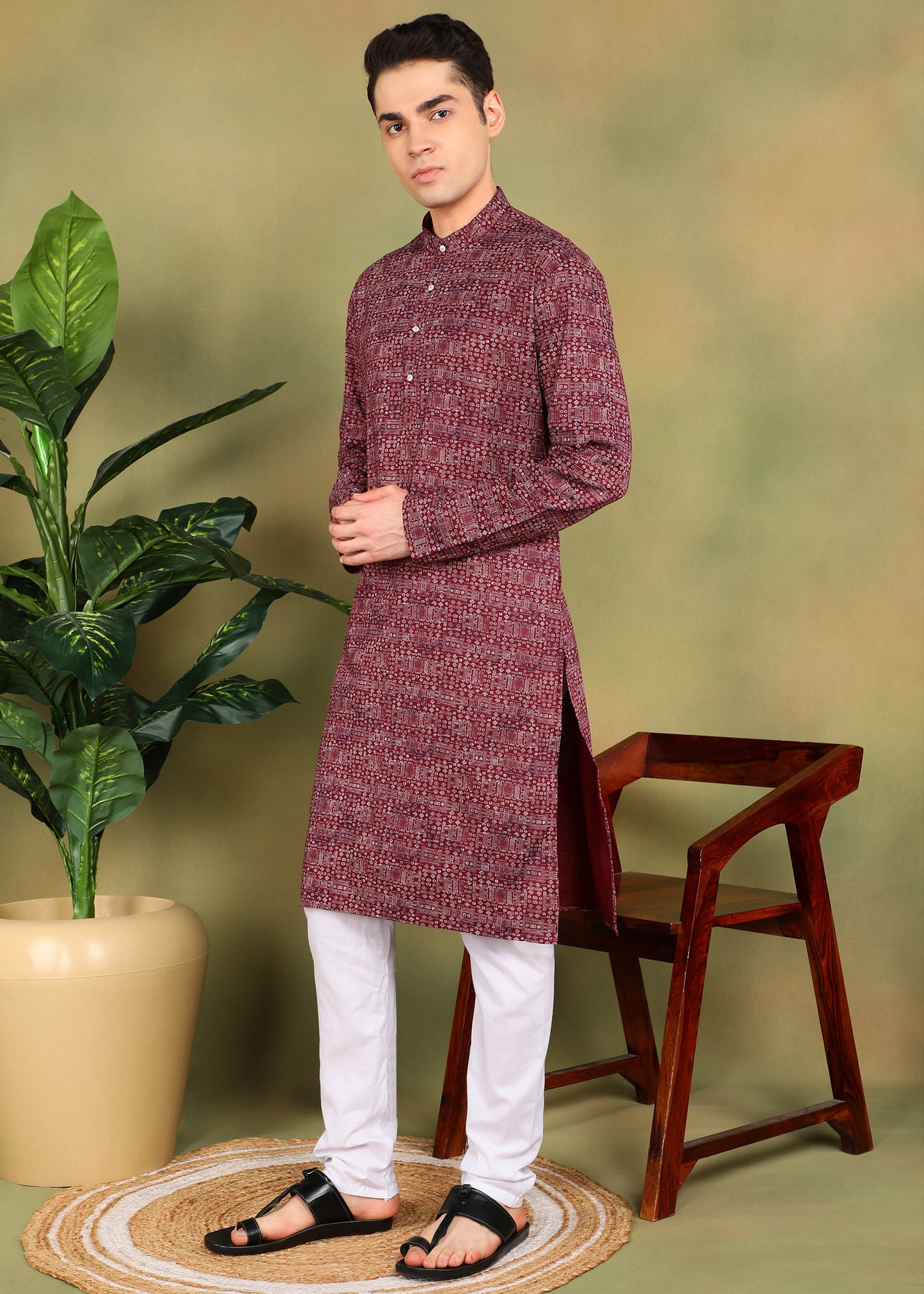 Tattva Men Maroon Long Kurta