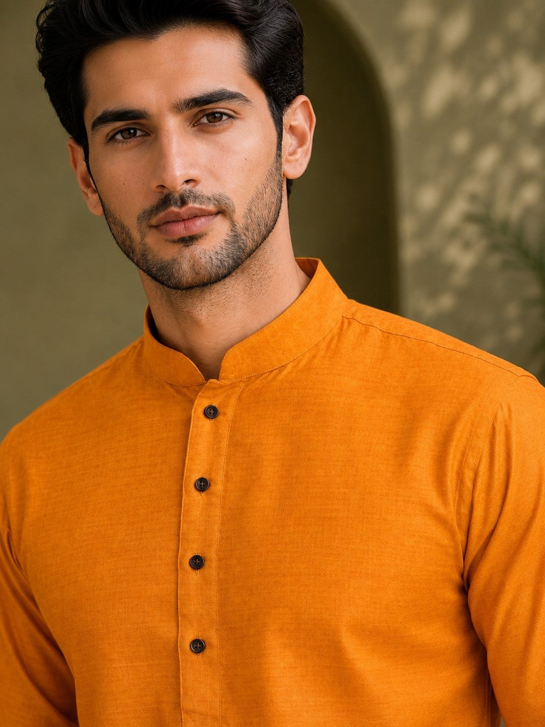 Tattva Men Saffron-Toned Applique Mandarin Collar Kurta