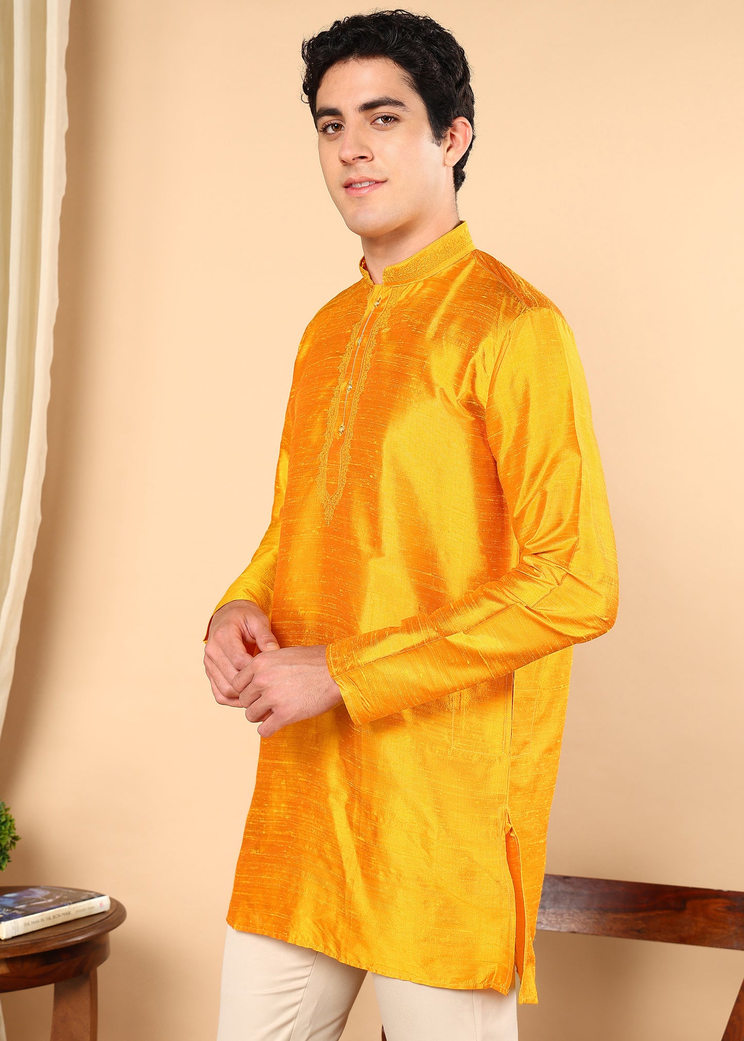 Tattva Men Solid Short Silk Kurta