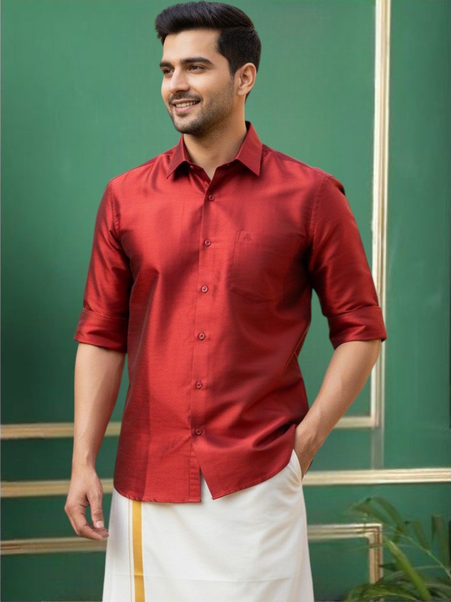 Tattva Mens Red Colour Solid Party Shirt