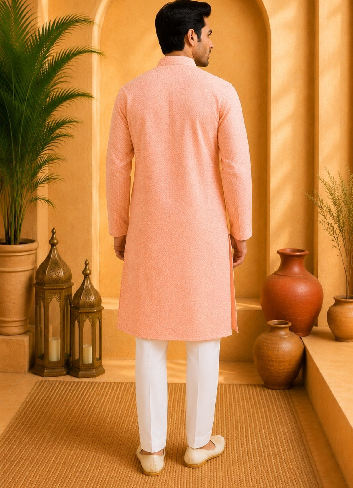 Tattva Men Peach Floral Woven Design Kurta Pyjama