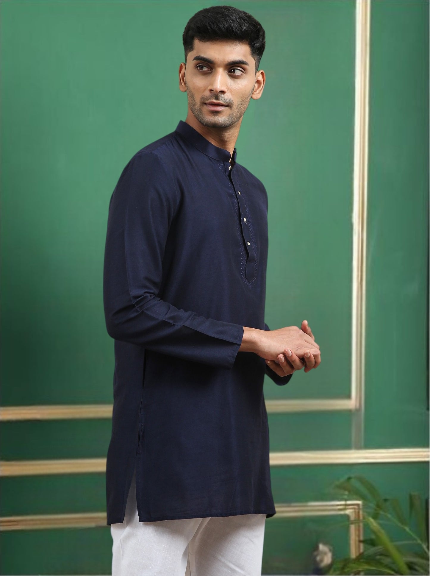 Tattva Navy Blue Toned Embroidered Cotton Short Kurta