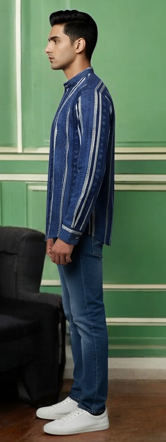 Tattva Men Blue Stripes Printed Super Short Kurta