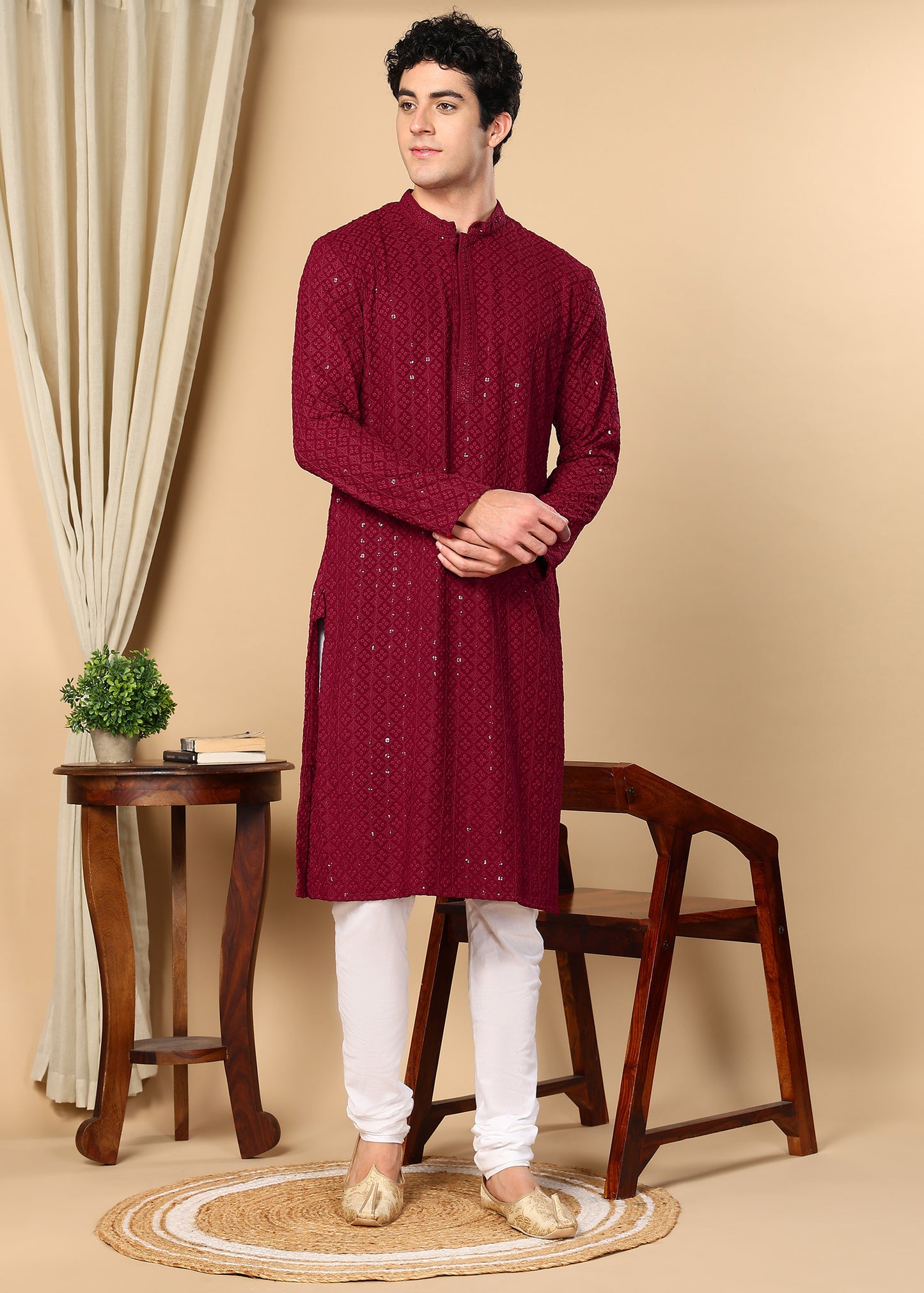 Tattva Floral Embroidered Sequined Mandarin Collar Straight Kurta