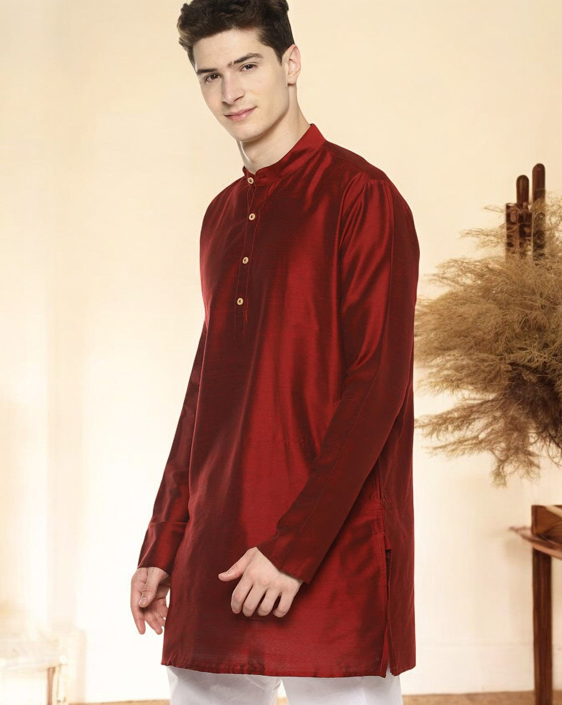 Maroon Cotton Solid Straight Short Kurta