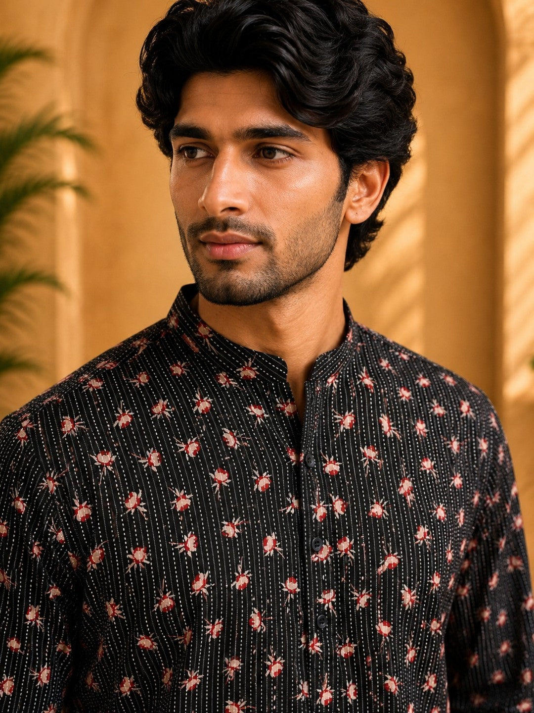 Tattva Men Floral Printed Woven Thread Super Short Kurta