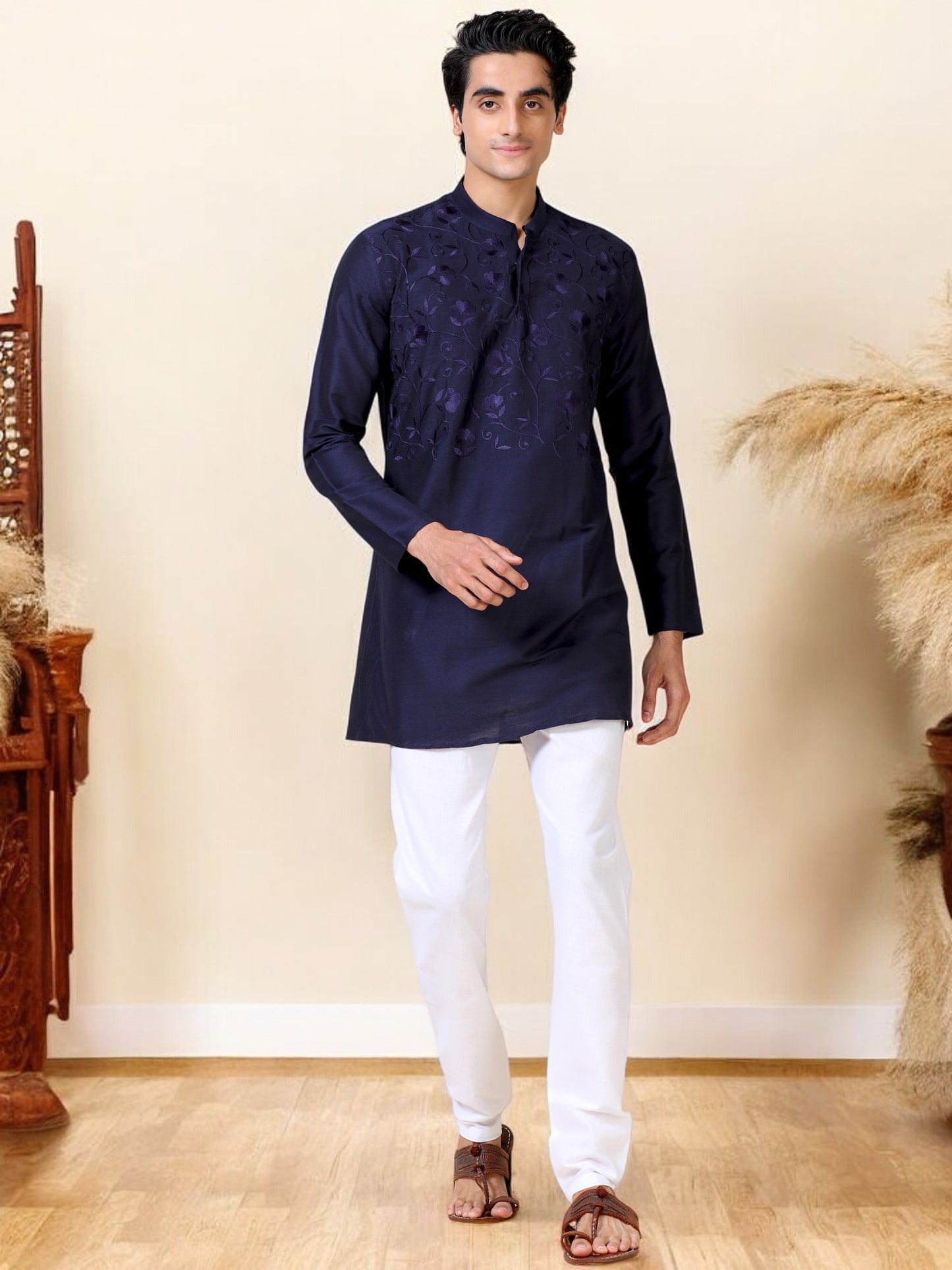 Tattva Men Embroidered Cotton Blend Asymmetric Kurta