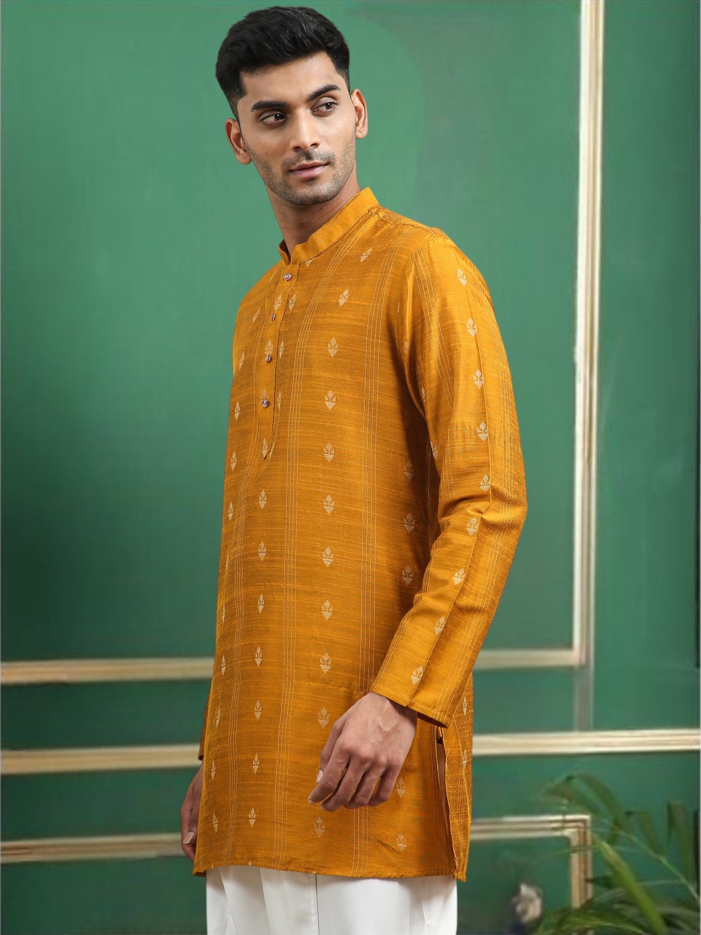 Tattva Yellow Toned Woven Design Cotton Short Kurta