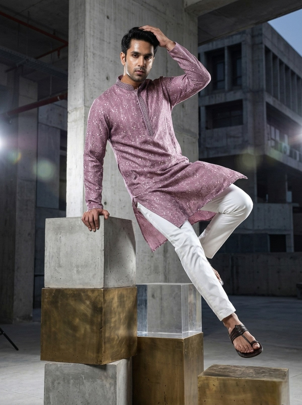 Tattva Woven Diamond Motif Mauve Festive Kurta Set