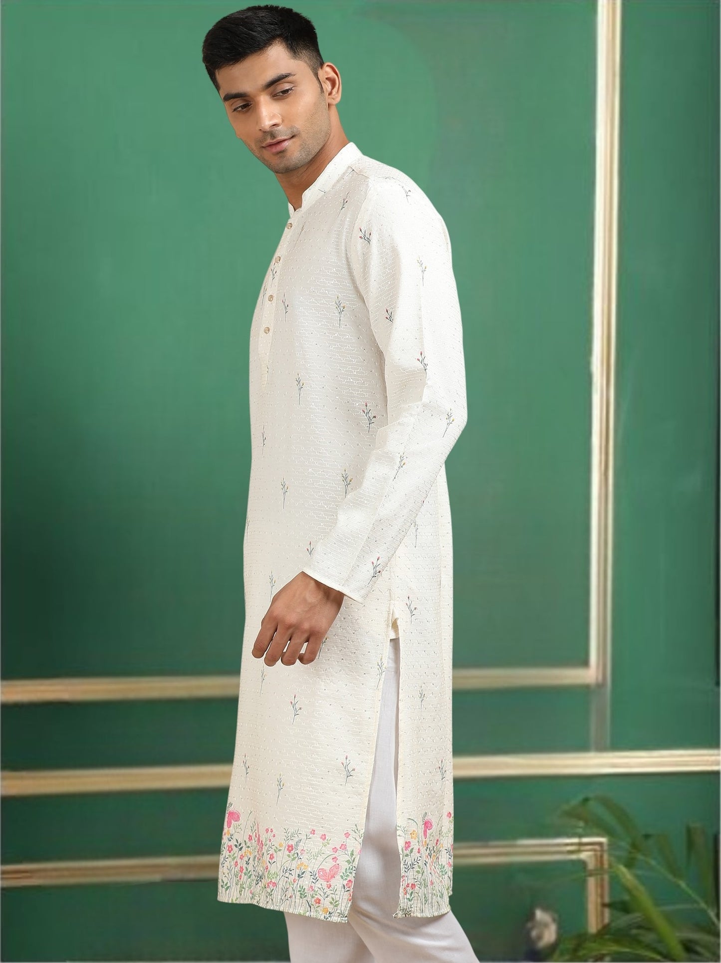 Tattva Men Ethnic Motifs and Daman Printed Sequence Threadwork Kurta Pyjama Set
