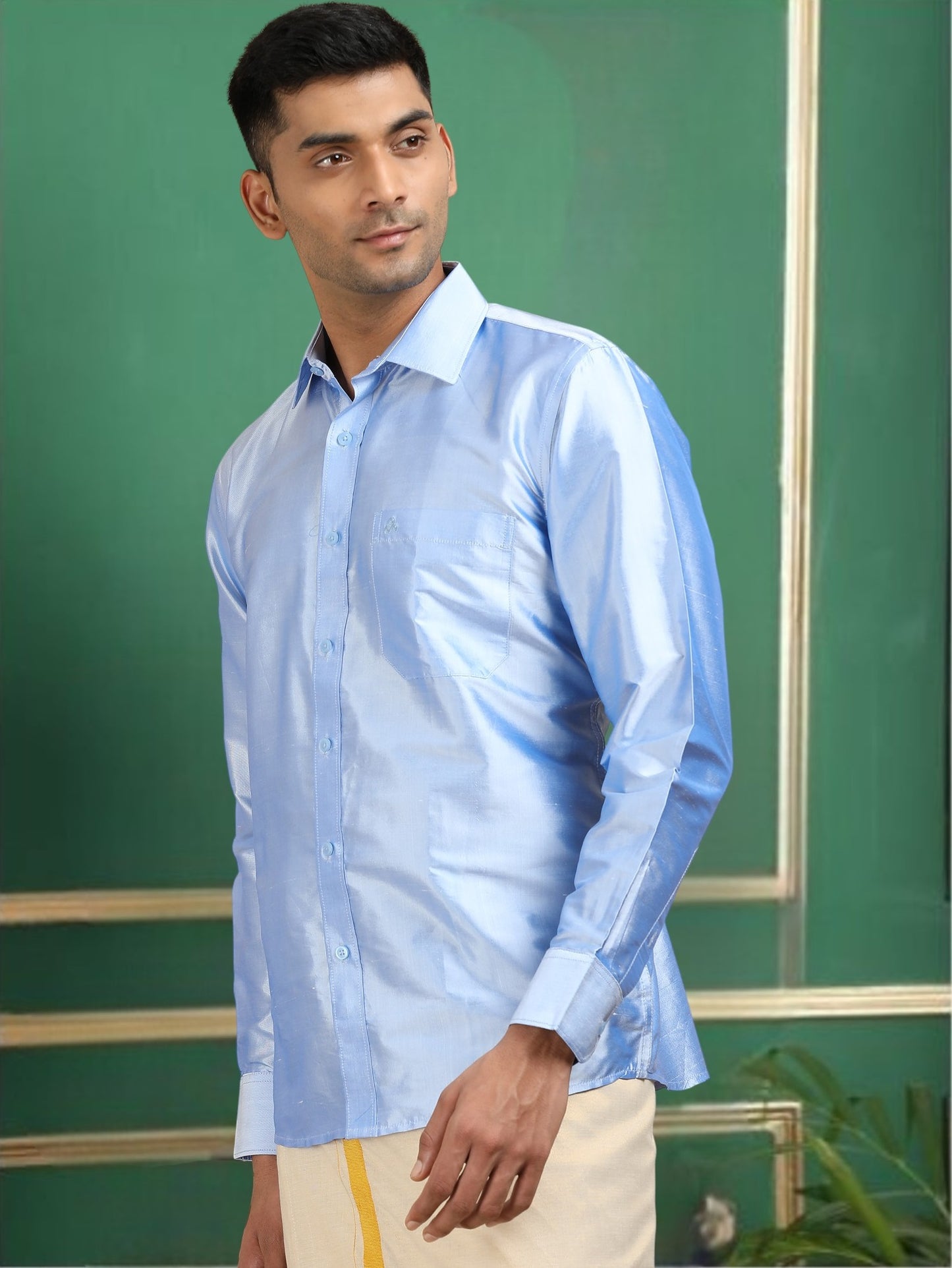 Tattva Men Sky Blue Toned Pure Silk Shirt