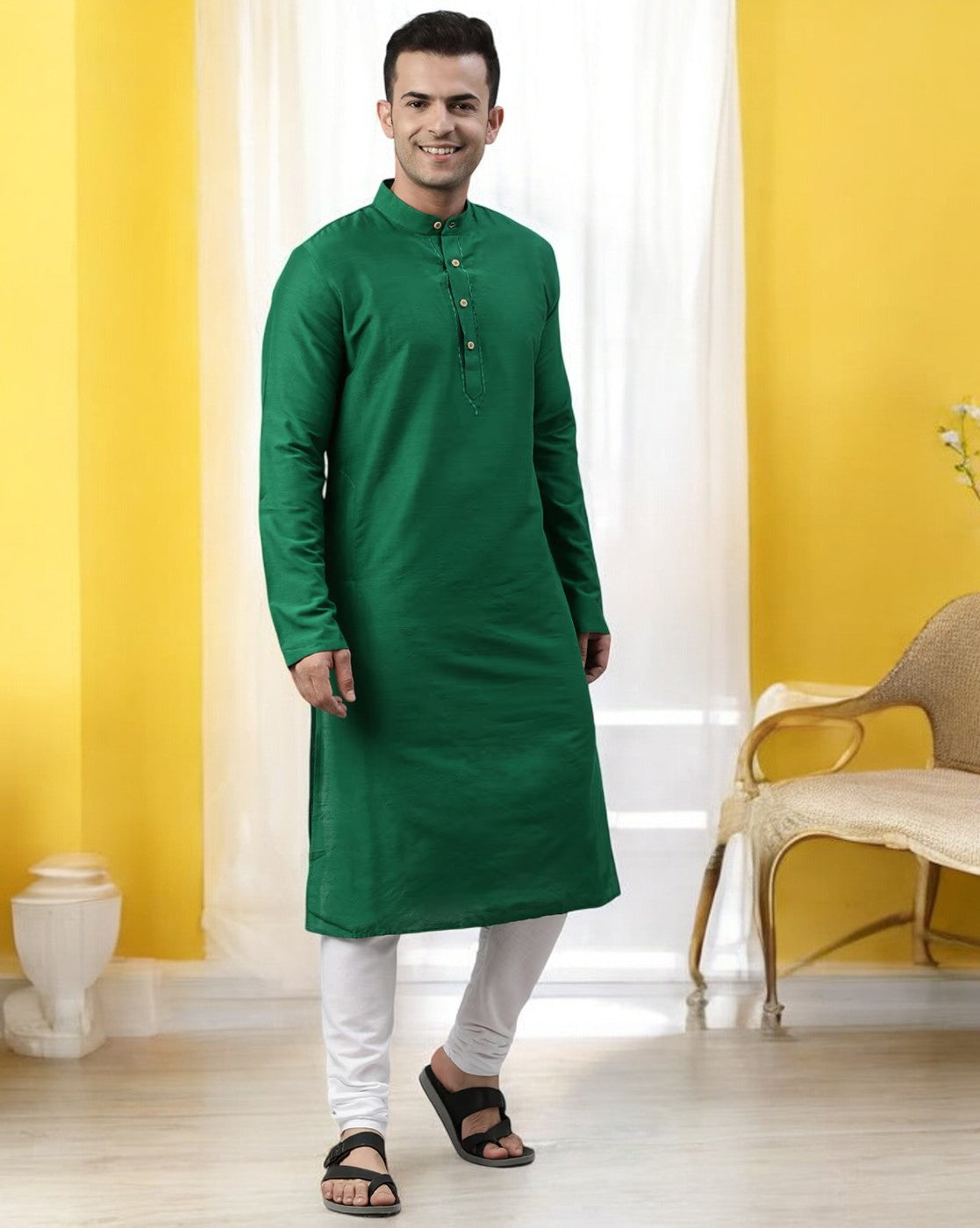 Tattva Green Color Cotton Long Kurta With Pyjamas