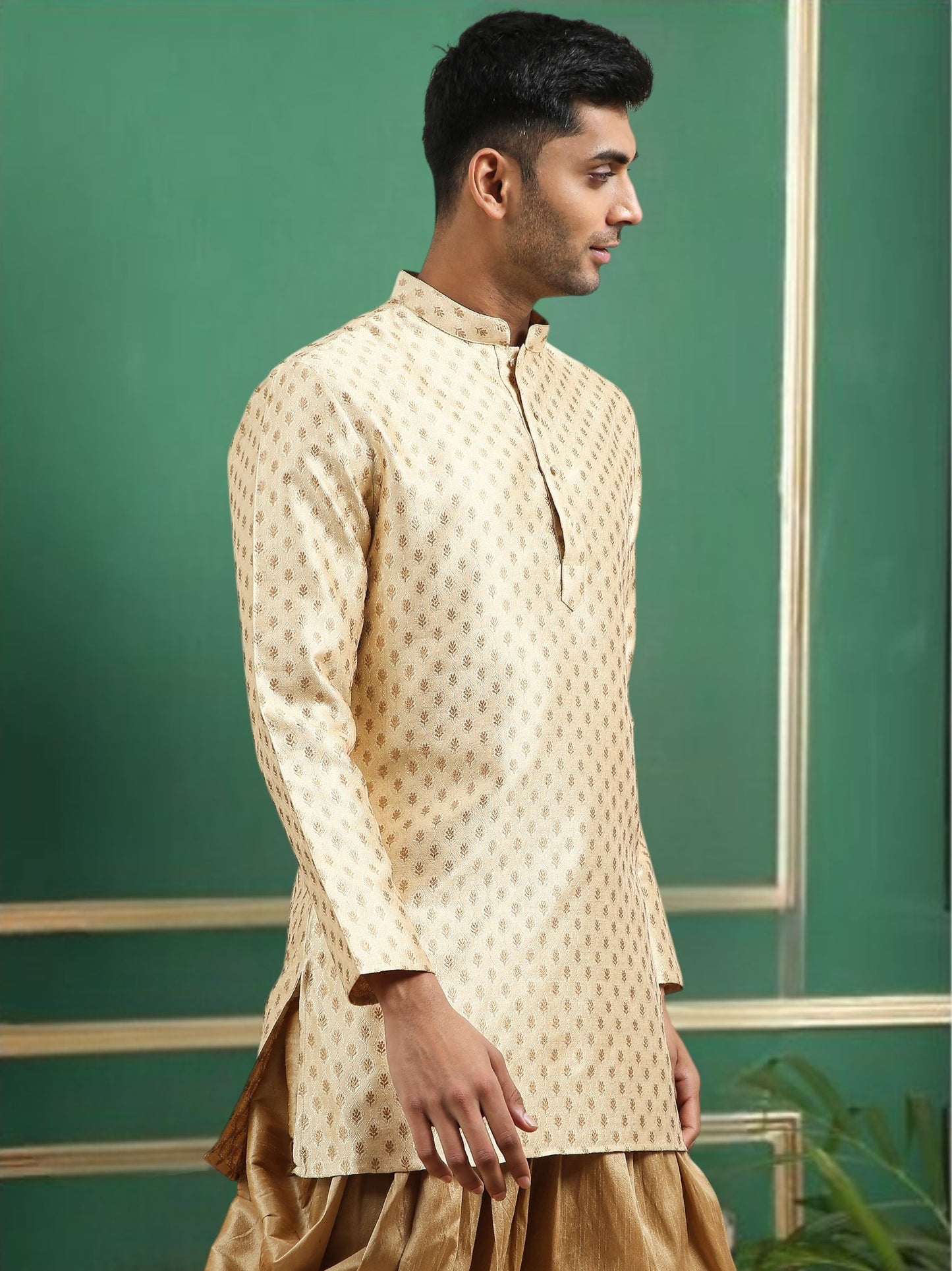 Tattva Gold Toned jaquard Polyster Short Kurta