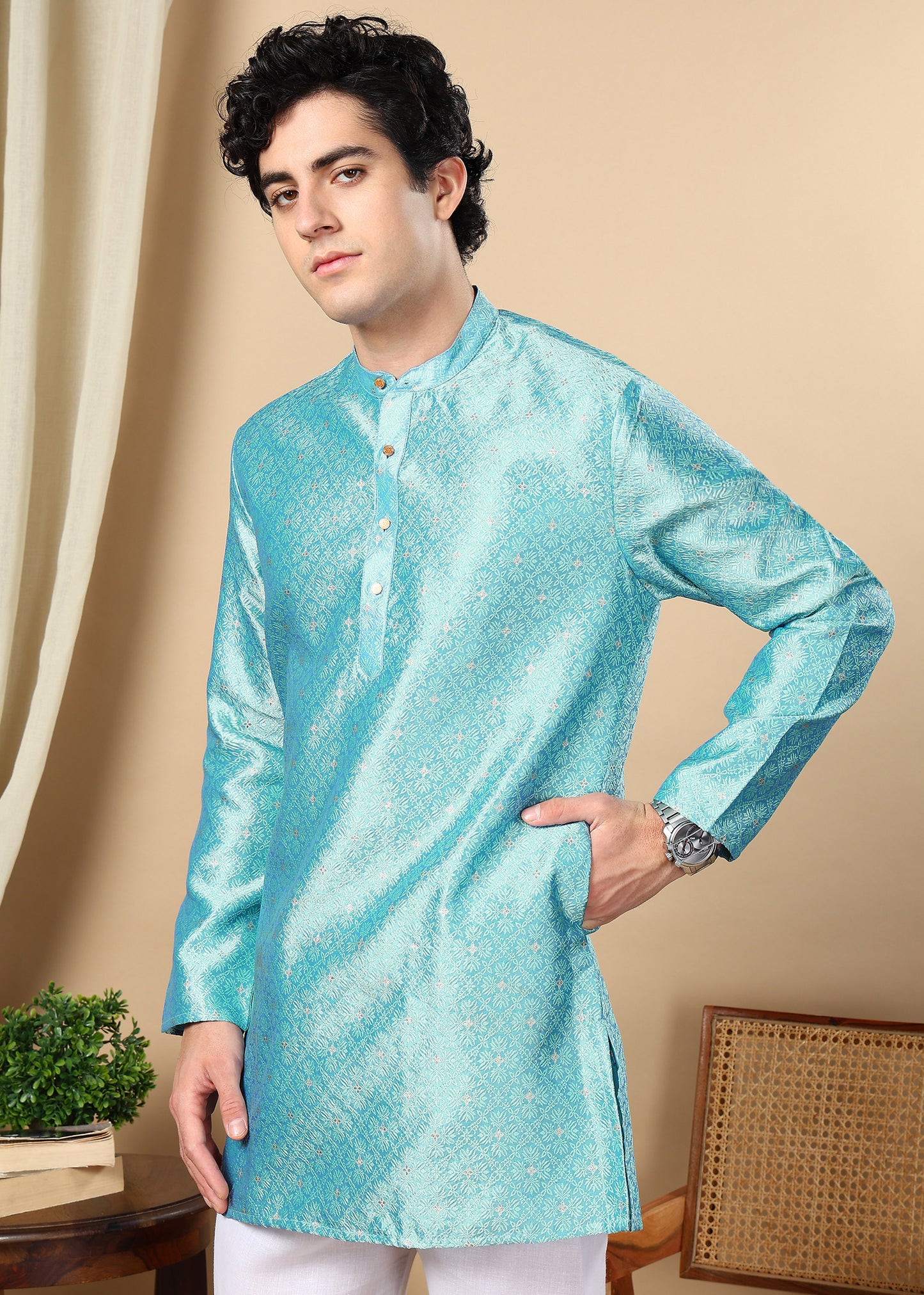 Tattva Turquoise Toned Woven Design Short Kurta