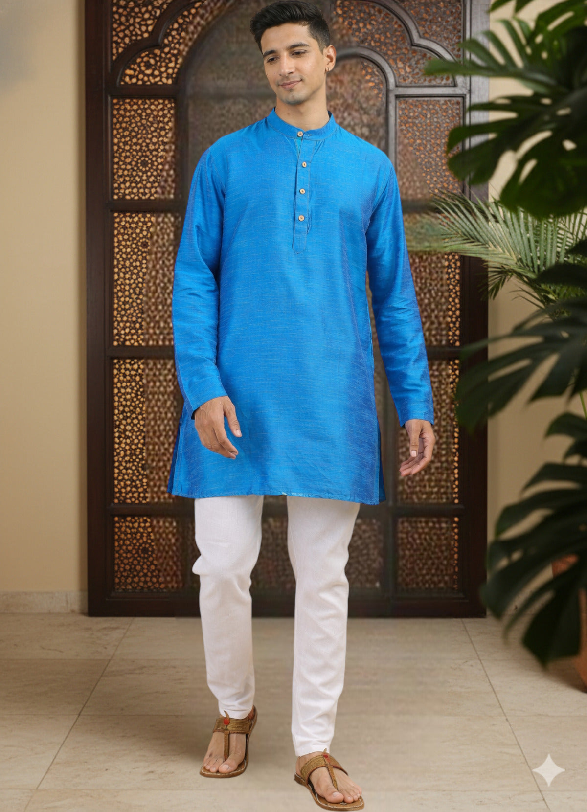Tattva Men Solid Pure Cotton Short Kurta with Mandarin Collar