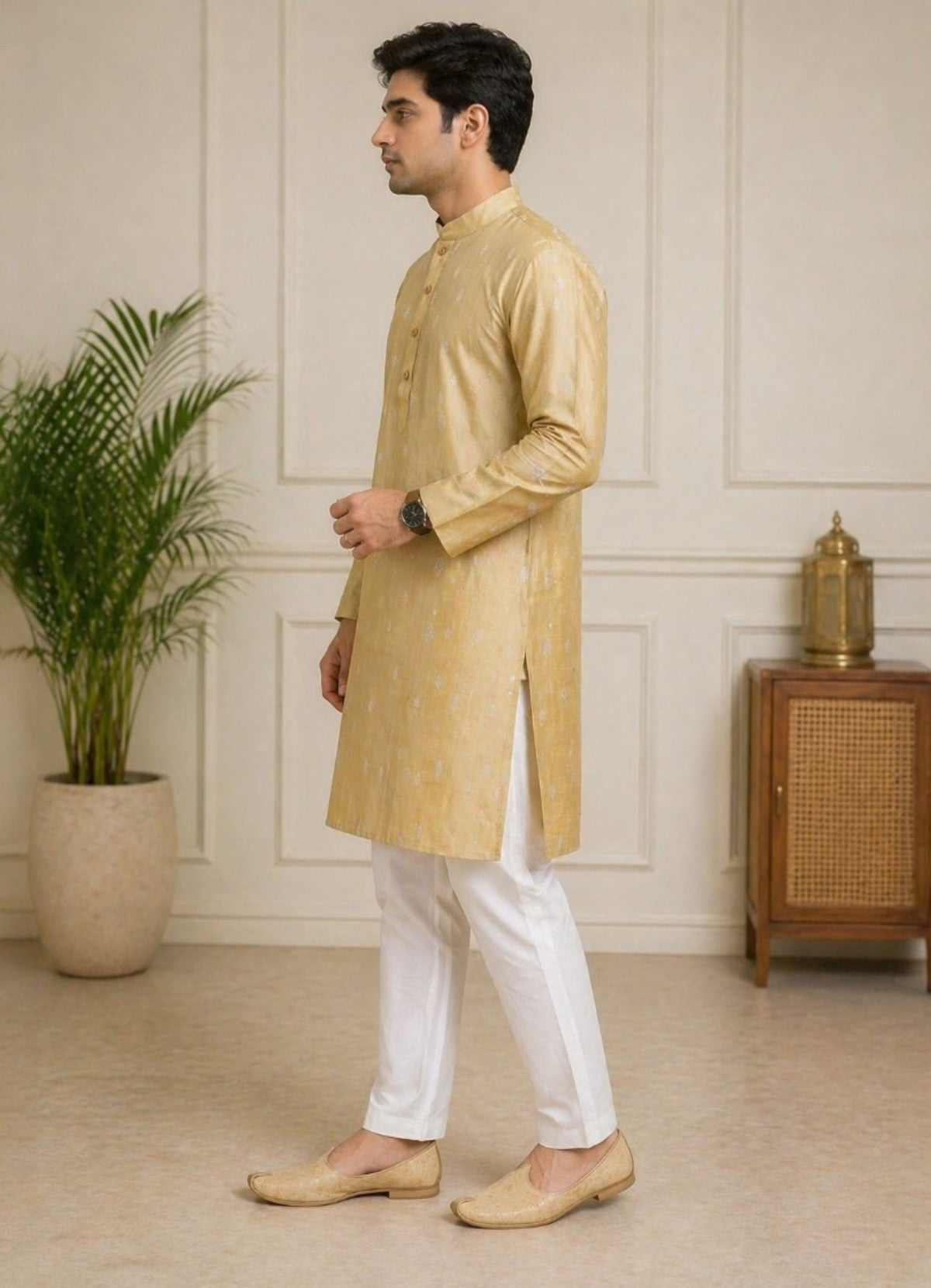 Tattva Men Mustard Gold Embroidered Cotton Silk Kurta with Pyjamas