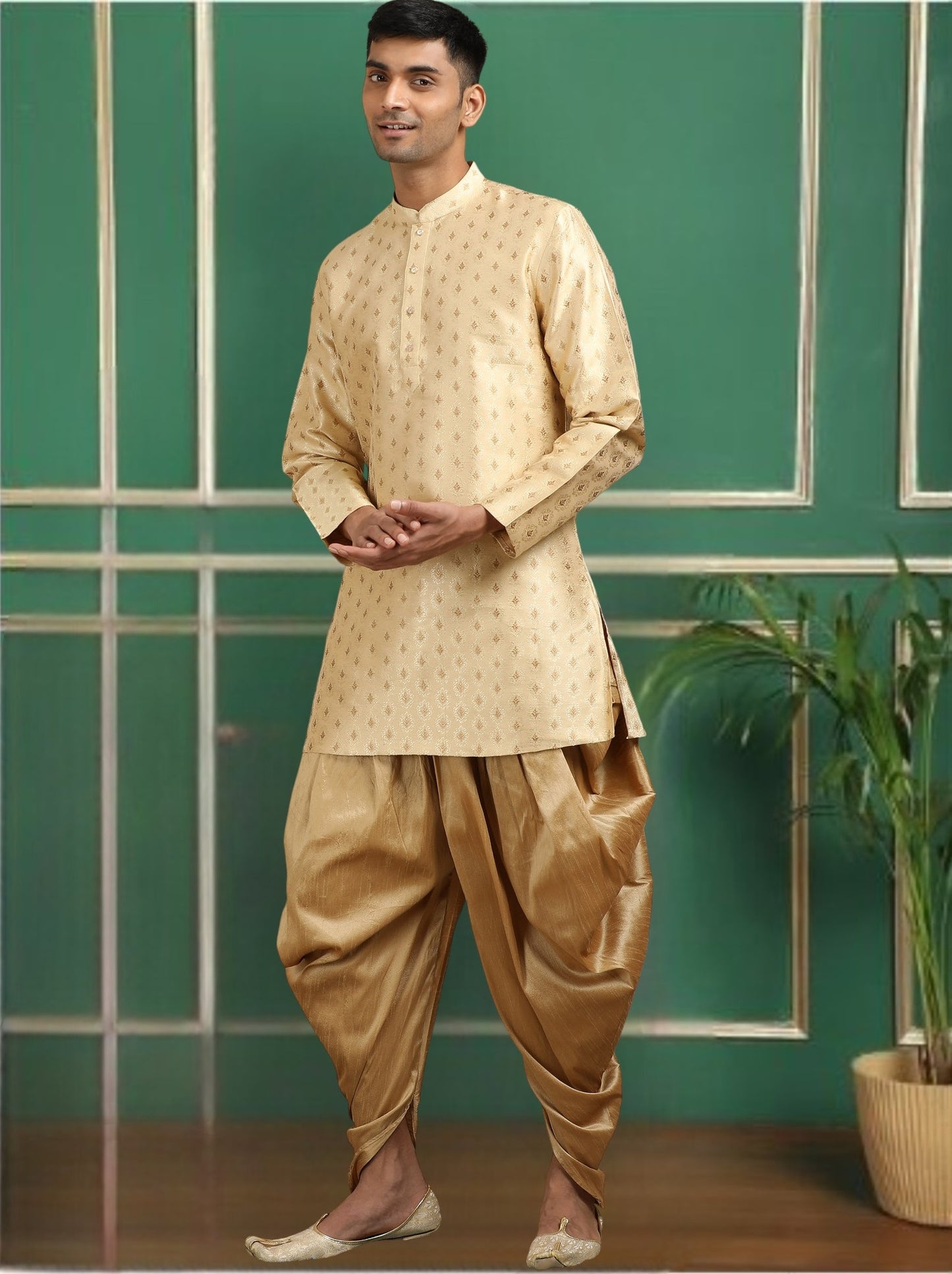 Tattva Beige Toned Jacquard Short Kurta