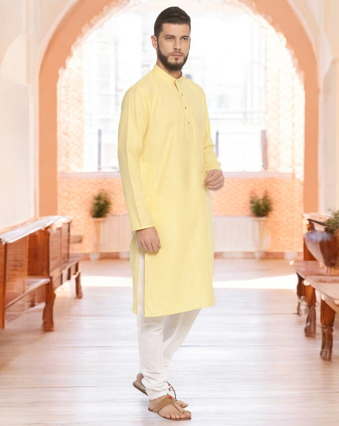 Yellow Cotton Solid Long Kurta