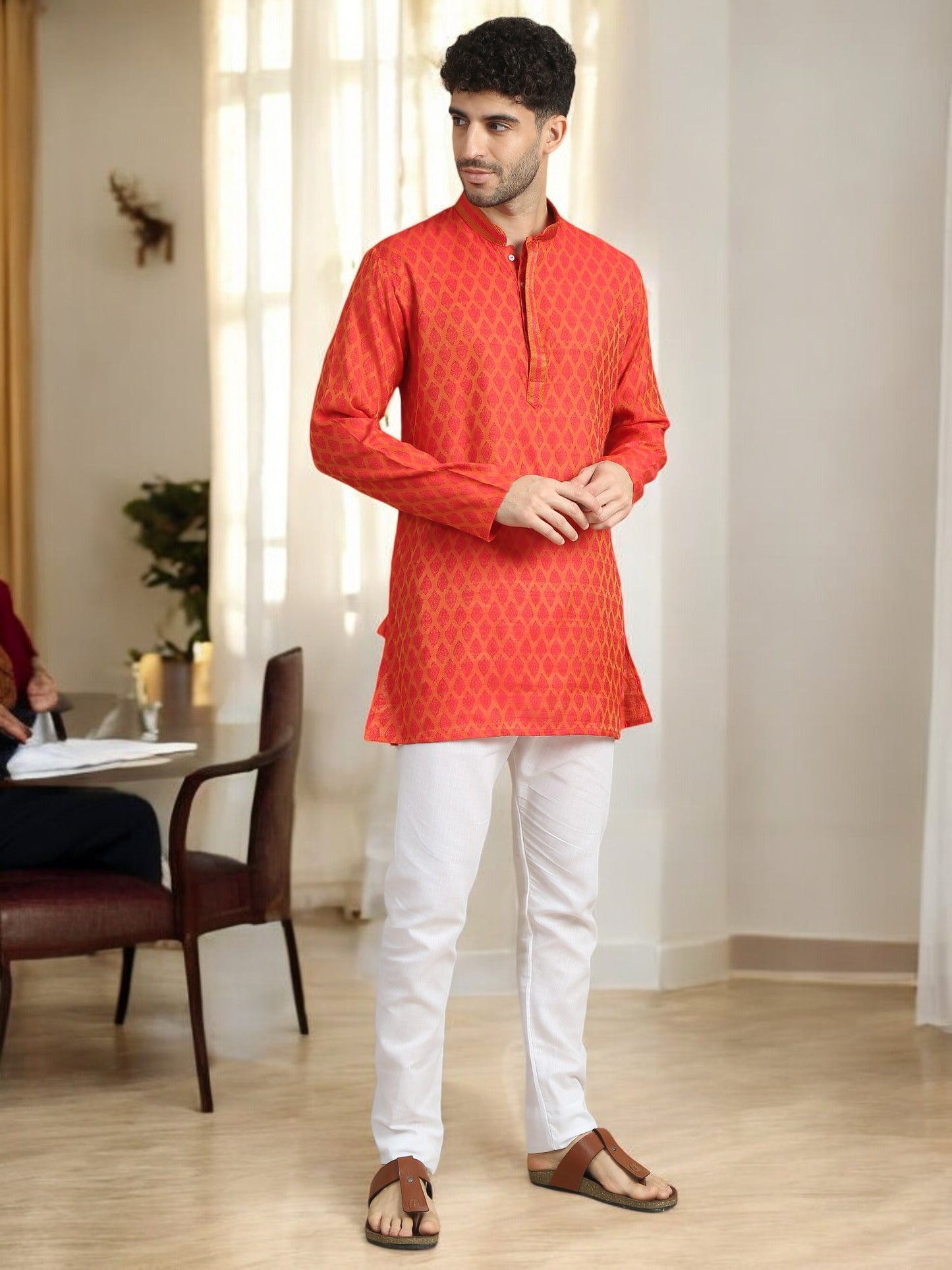 Tattva Men Woven Design Cotton Blend Straight Kurta