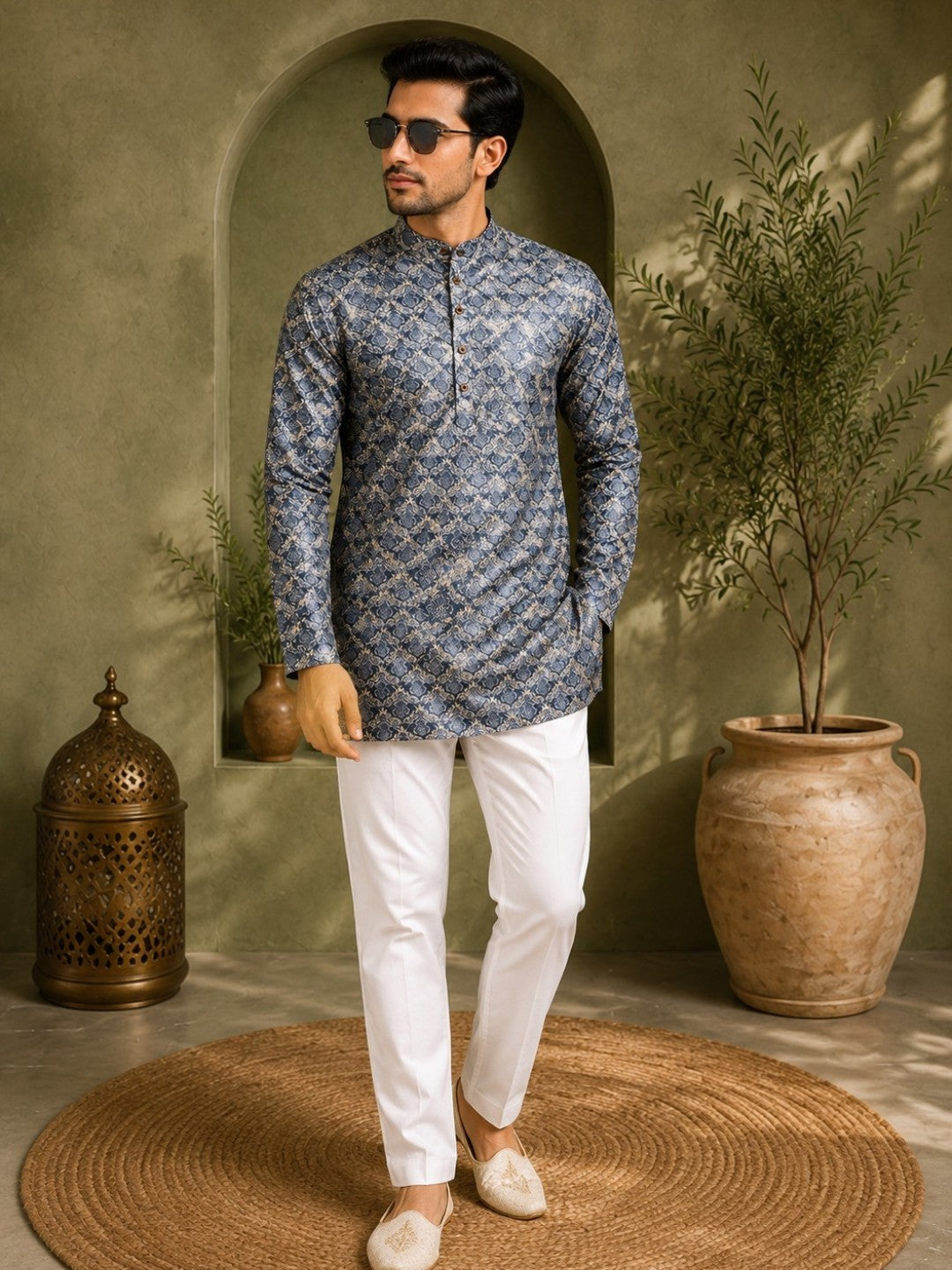 Tattva Men Mandarin Collar Abstract Printed Straight Kurta