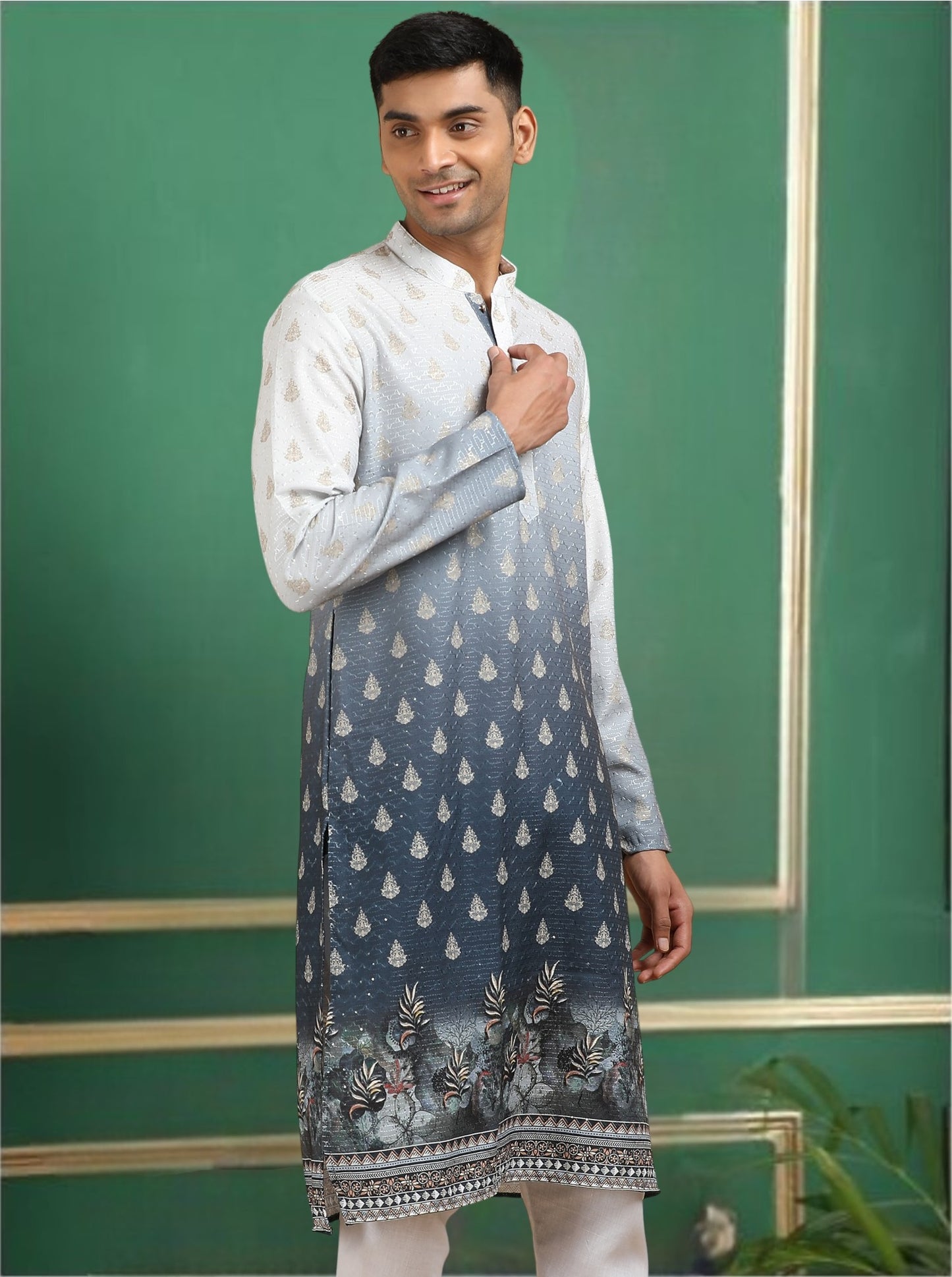 Tattva Men Ethnic Motifs and Daman Printed Sequence Threadwork Kurta Pyjama Set