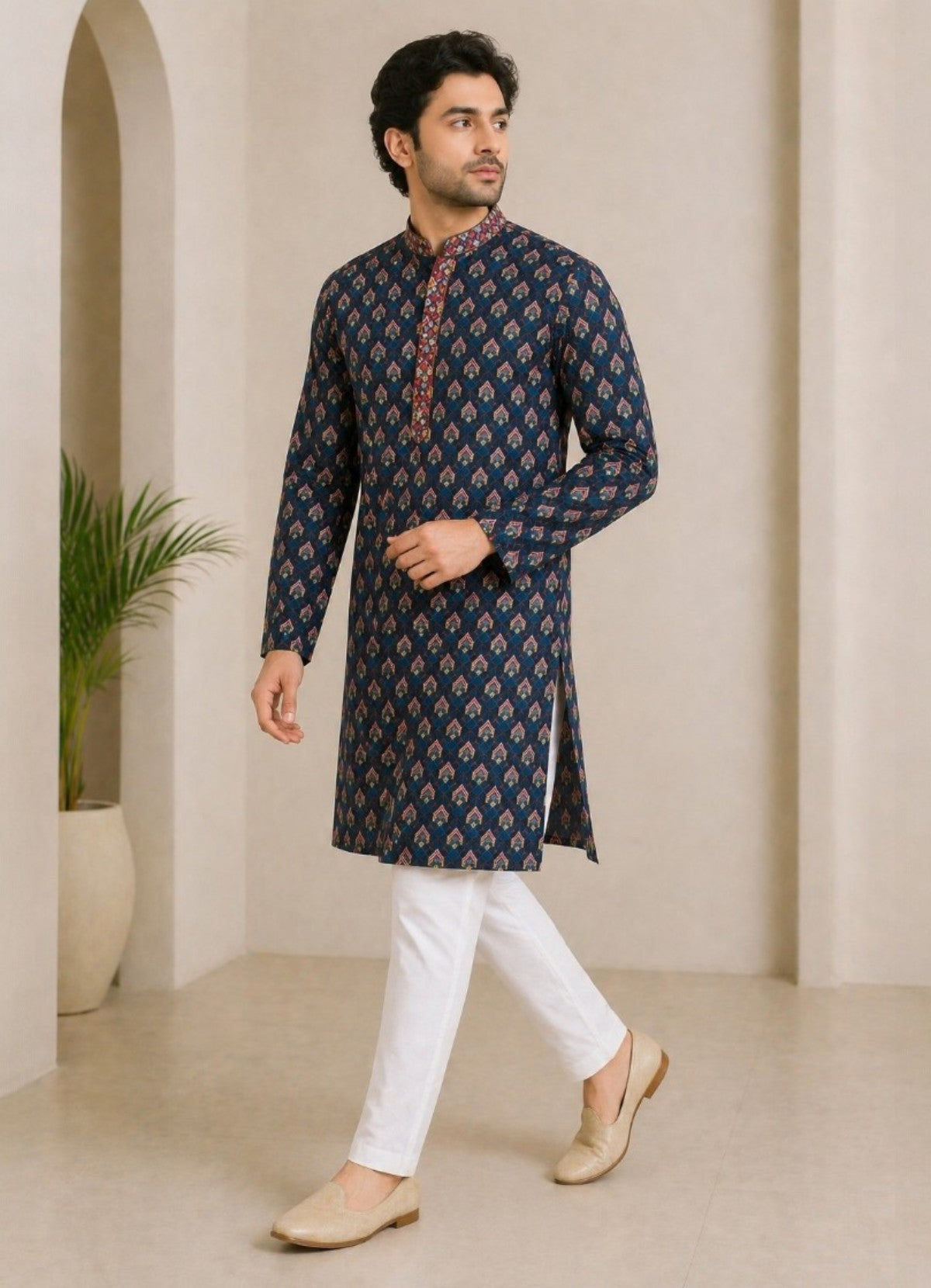 Tattva Men Navy Blue Geometric Design Sequined Jacquard Kurta with Pyjamas