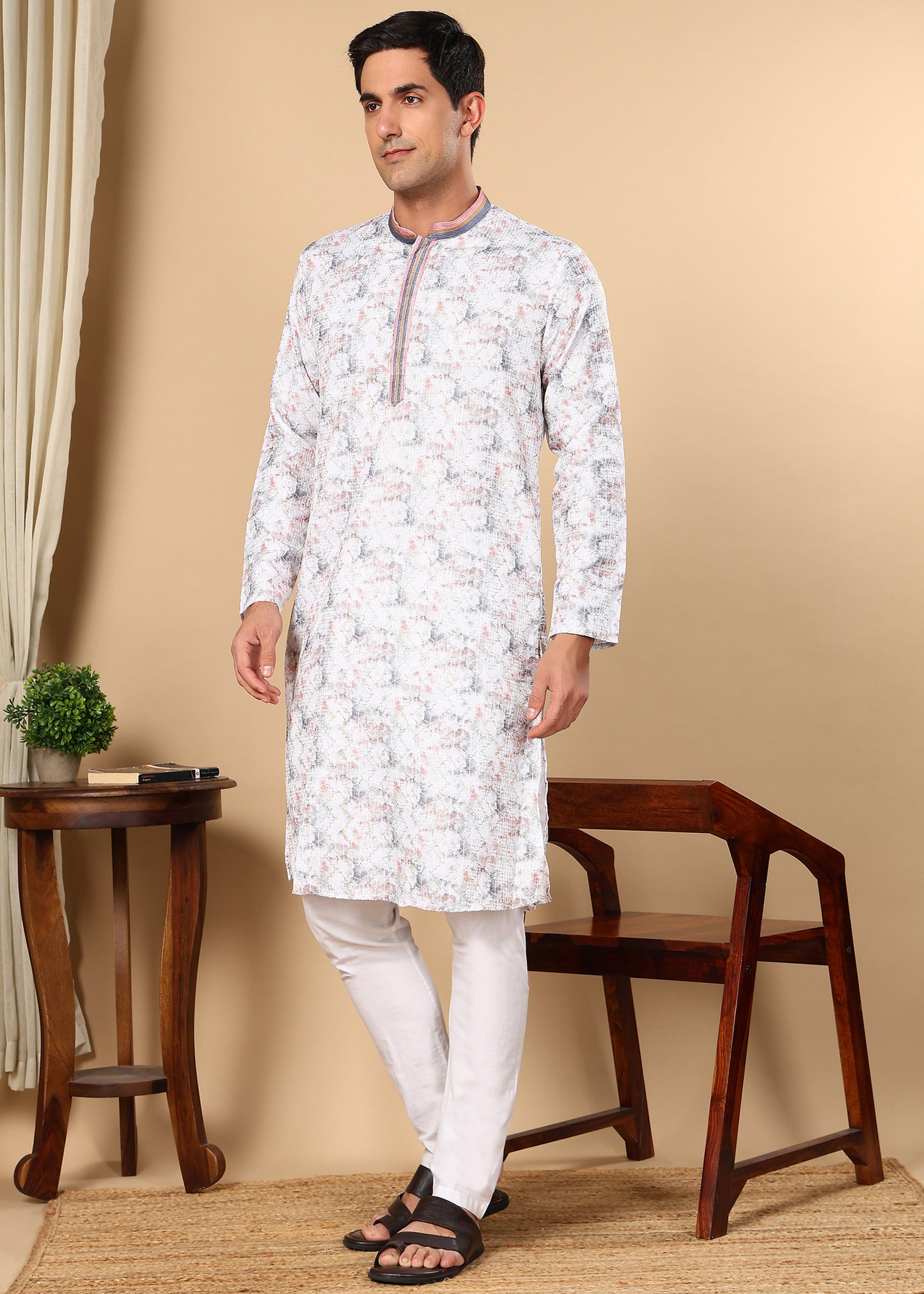 Tattva Men's Embroidered Thread Work Sequined Kurta