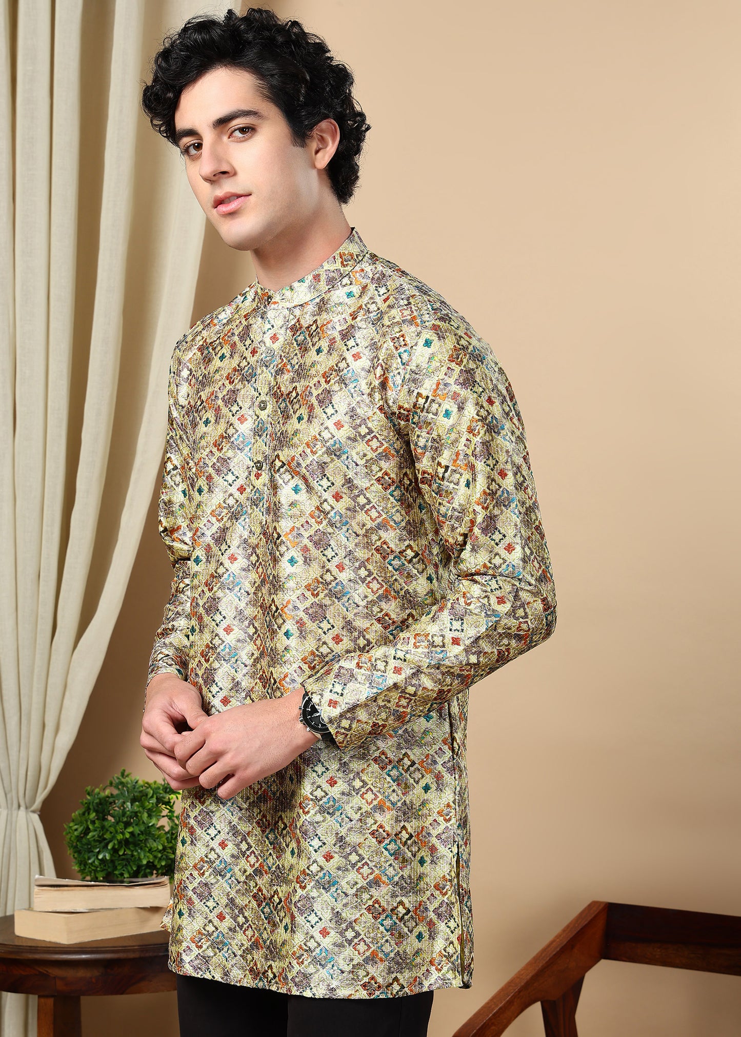 Tattva Beige Printed Short Kurta