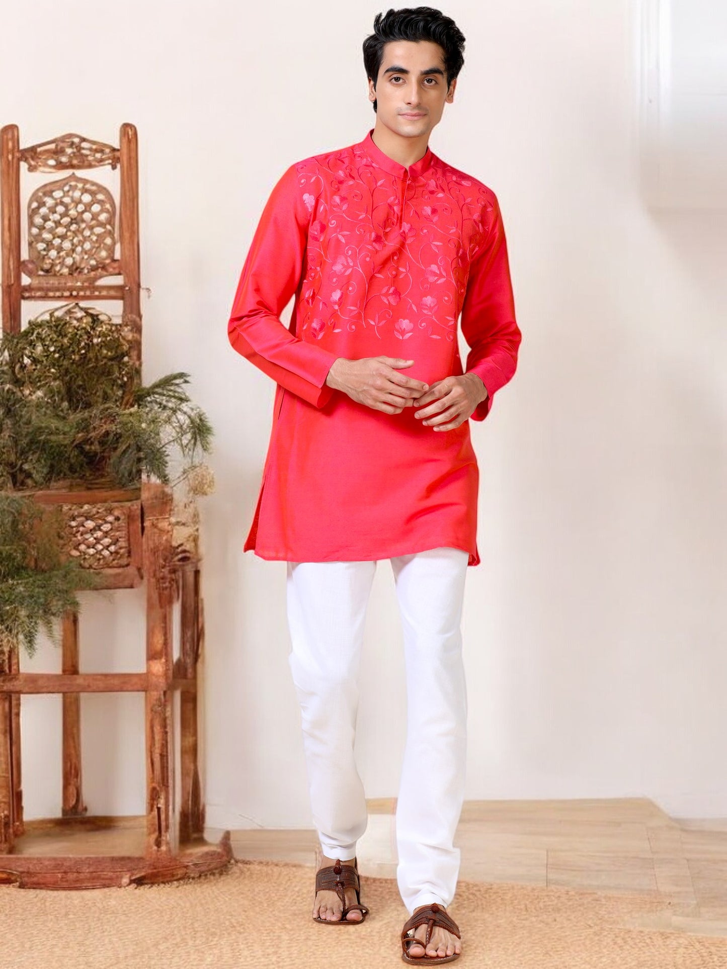 Tattva Men Embroidered Cotton Blend Asymmetric Kurta