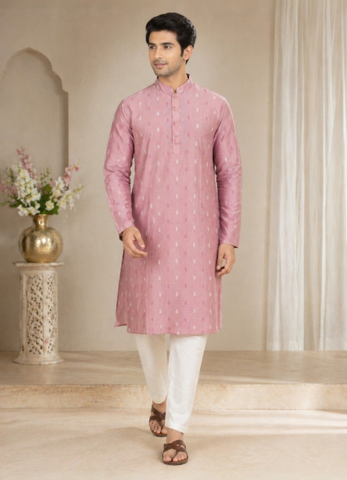 Tattva Men Dusty Pink Embroidered Cotton Silk Kurta with Pyjamas